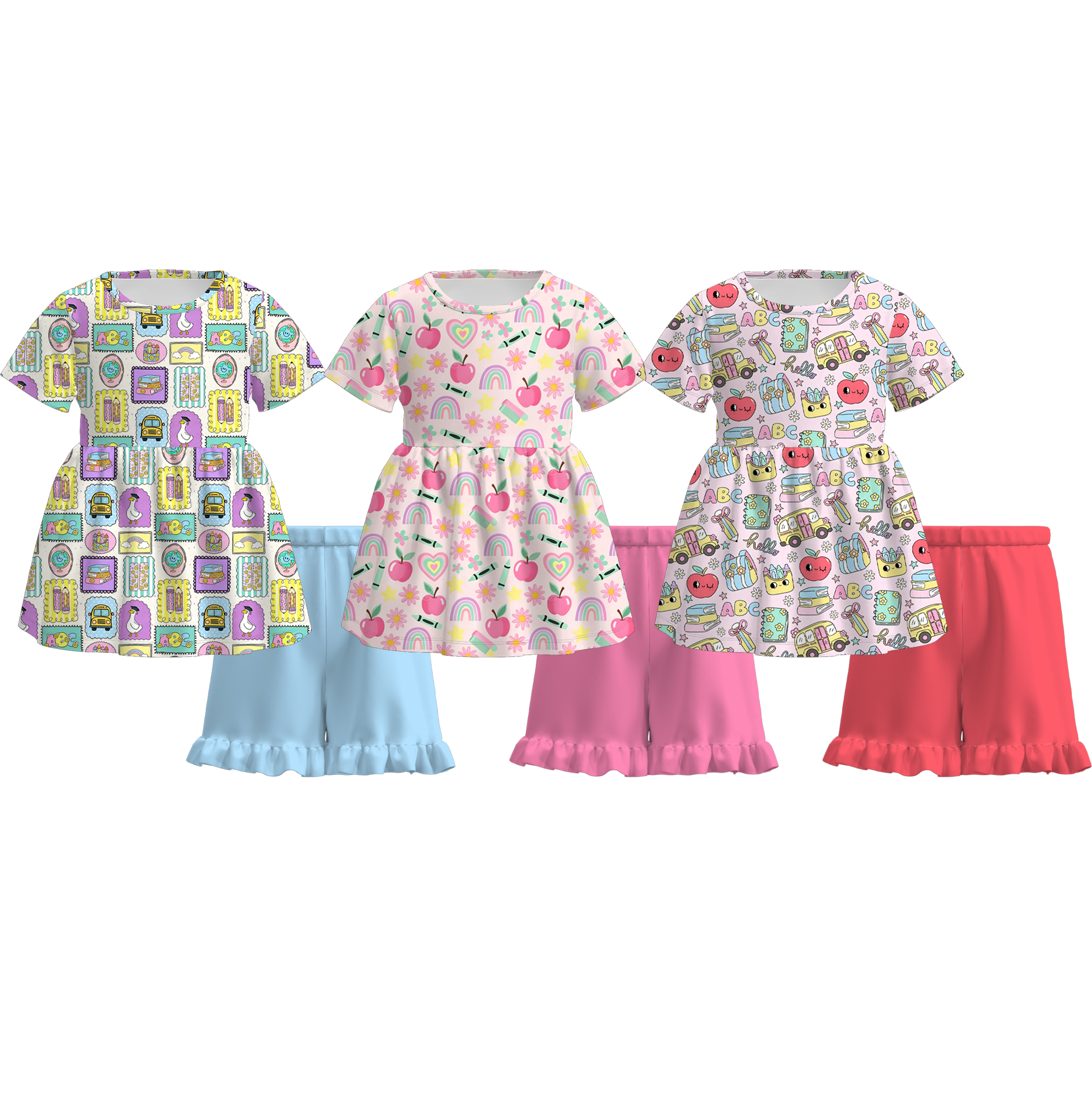 （Pre Order+Prepack Zone）Girls Summer Back To School Print Shorts Set
