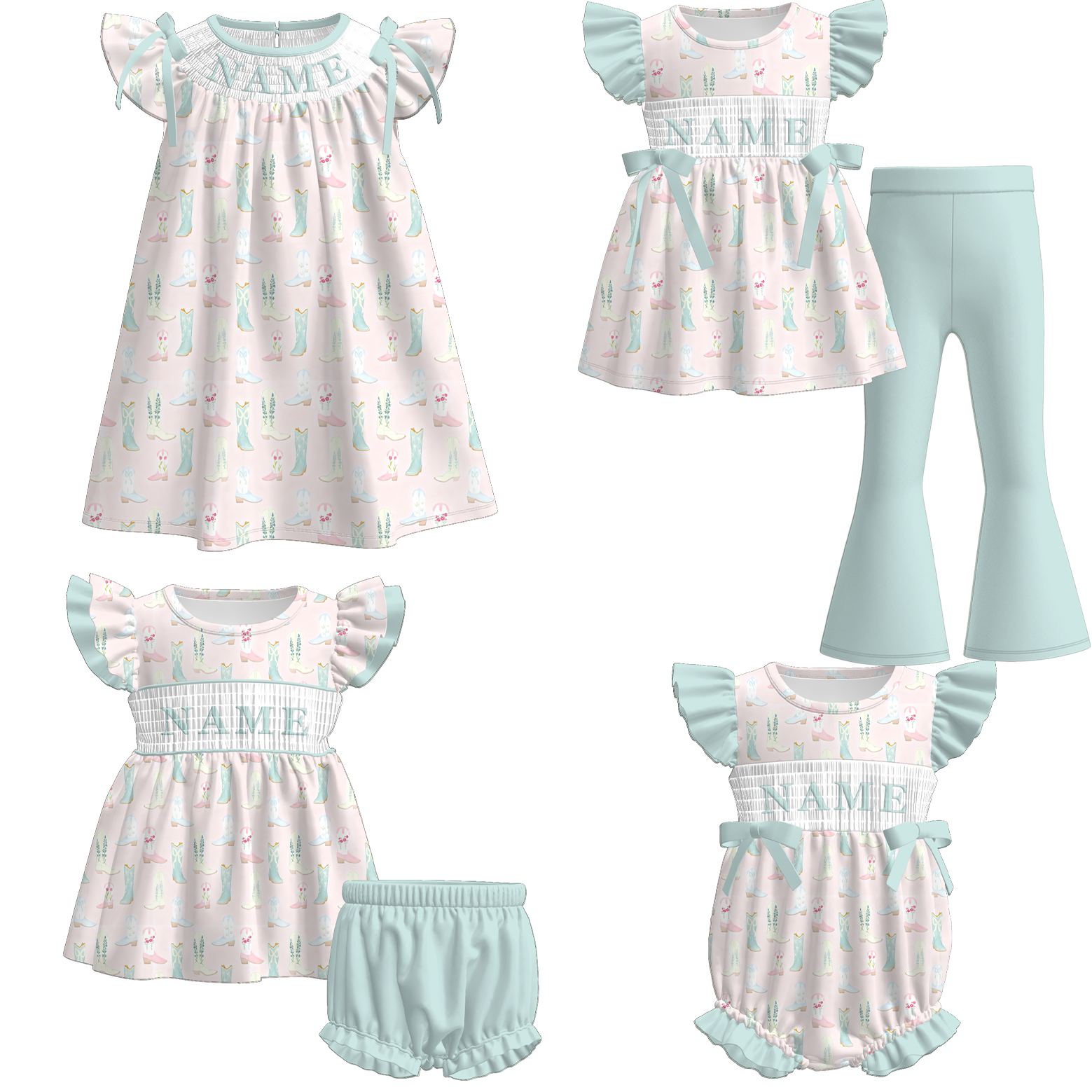（Pre Order）Sisters Spring Boots Embroidery Smocked Dress,Set&Romper