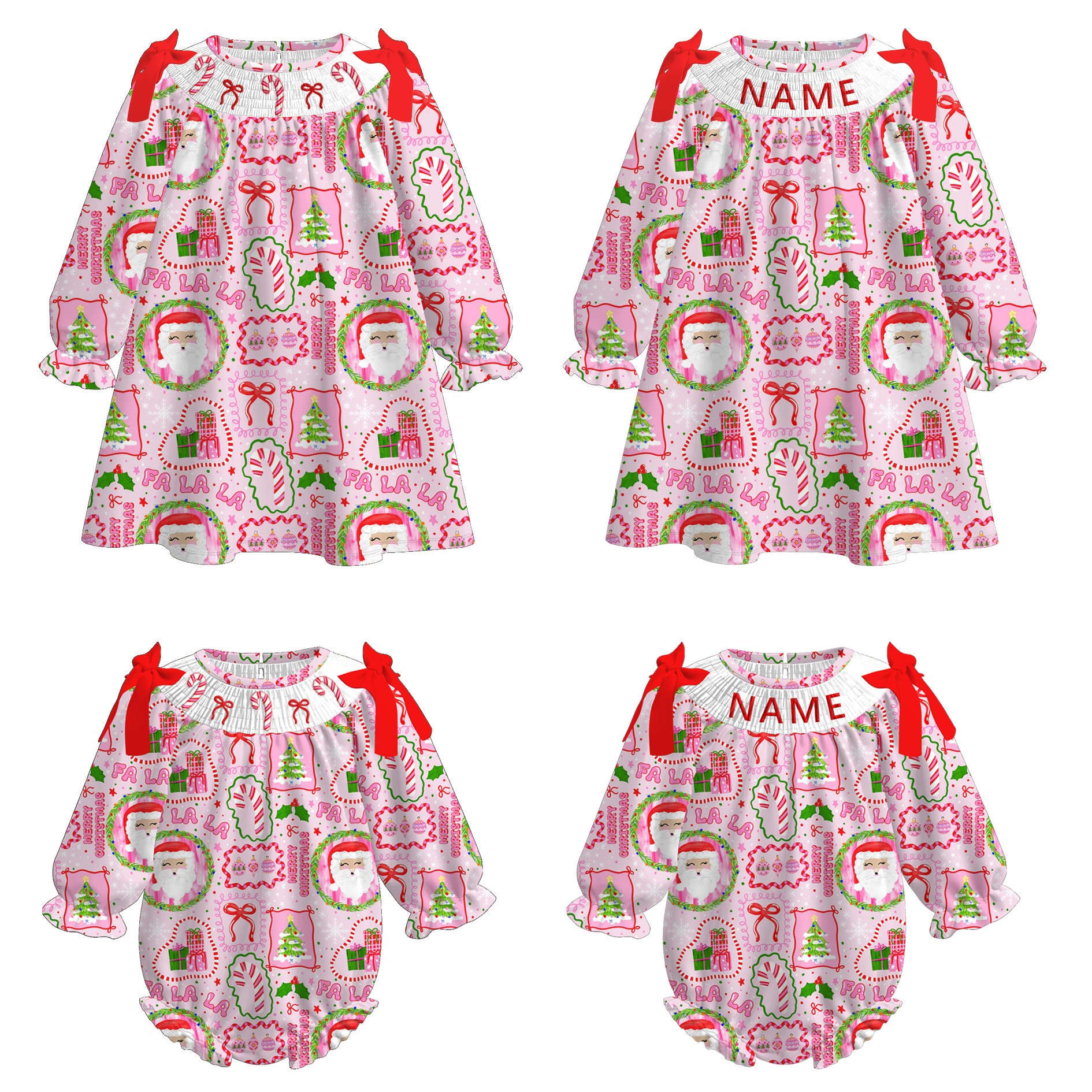（Pre Order）Sisters Christmas Santa Claus Embroidery Smocked Dress＆Romper