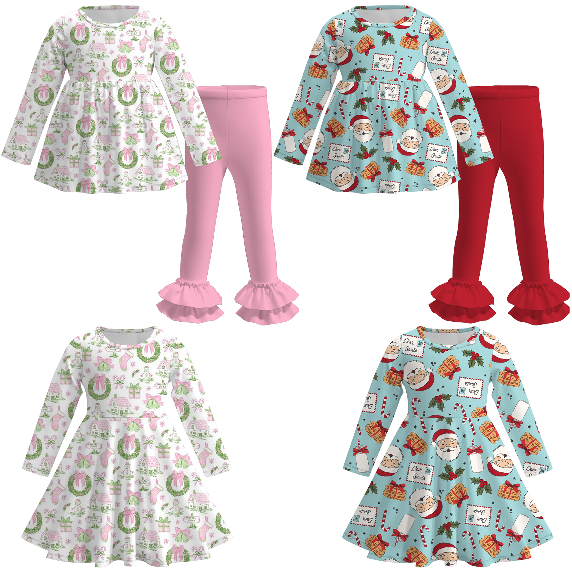 （Pre Order）Girls Christmas Santa Claus Print Dress&Outfit Set