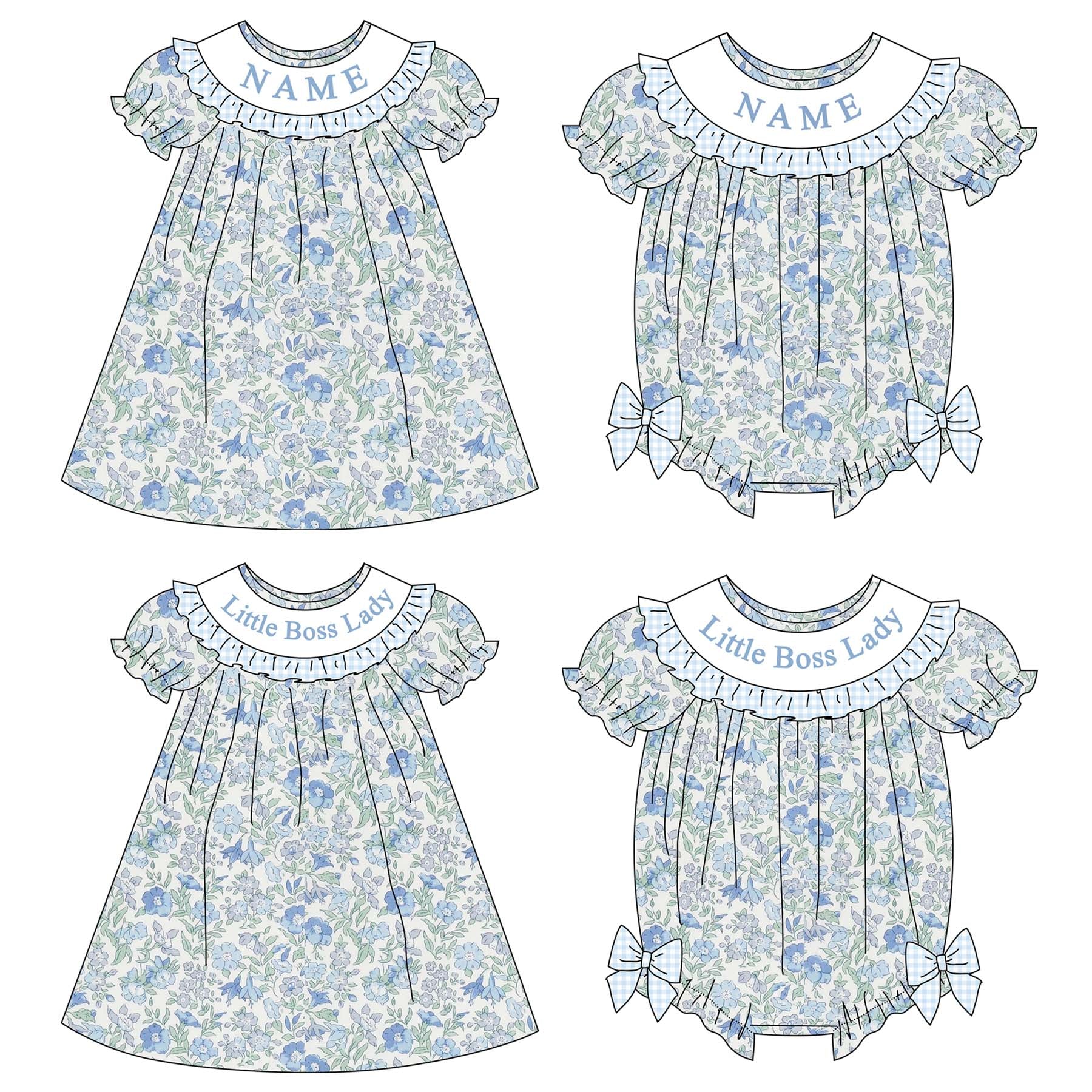 （Pre Order）Sisters Summer Little Boss Lady Embroidery Smocked Dress&Romper-Customized Name