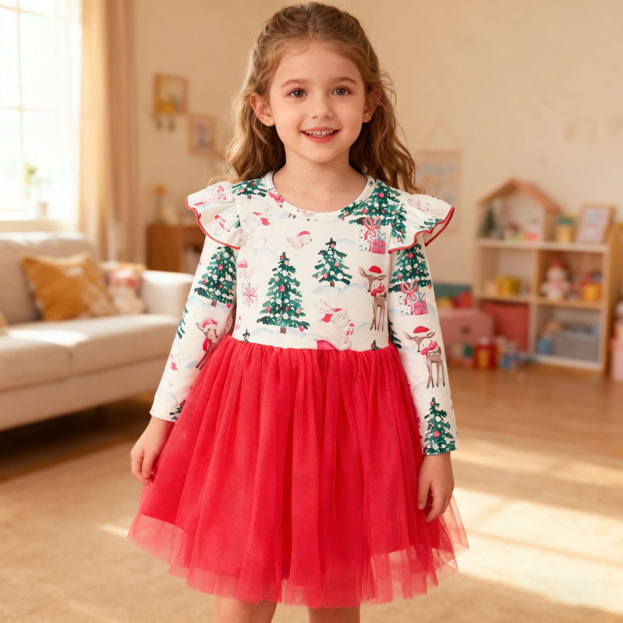 （In Stock）Girls Christmas Tree Print Tulle Dress