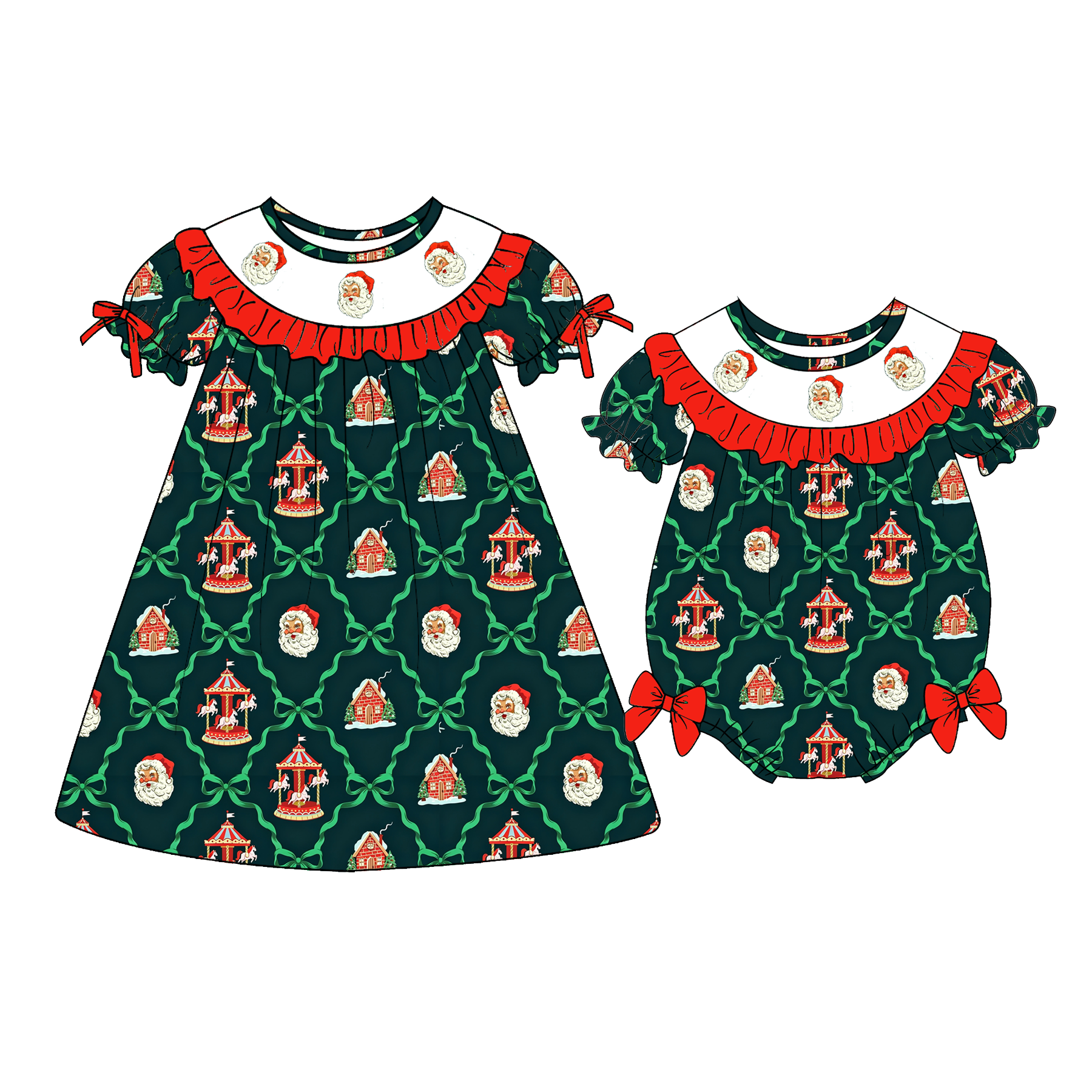 （Pre Order）Sisters Christmas Embroidery Smocked Dress,Set&Romper