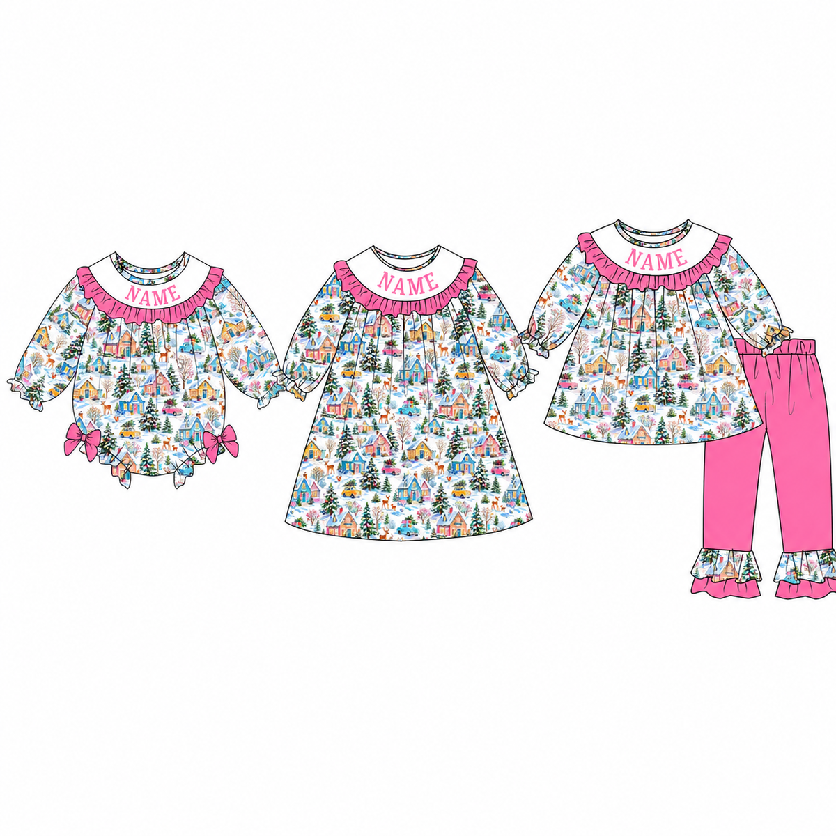 （Pre Order）Sisters Christmas Embroidery Smocked Dress,Set&Romper