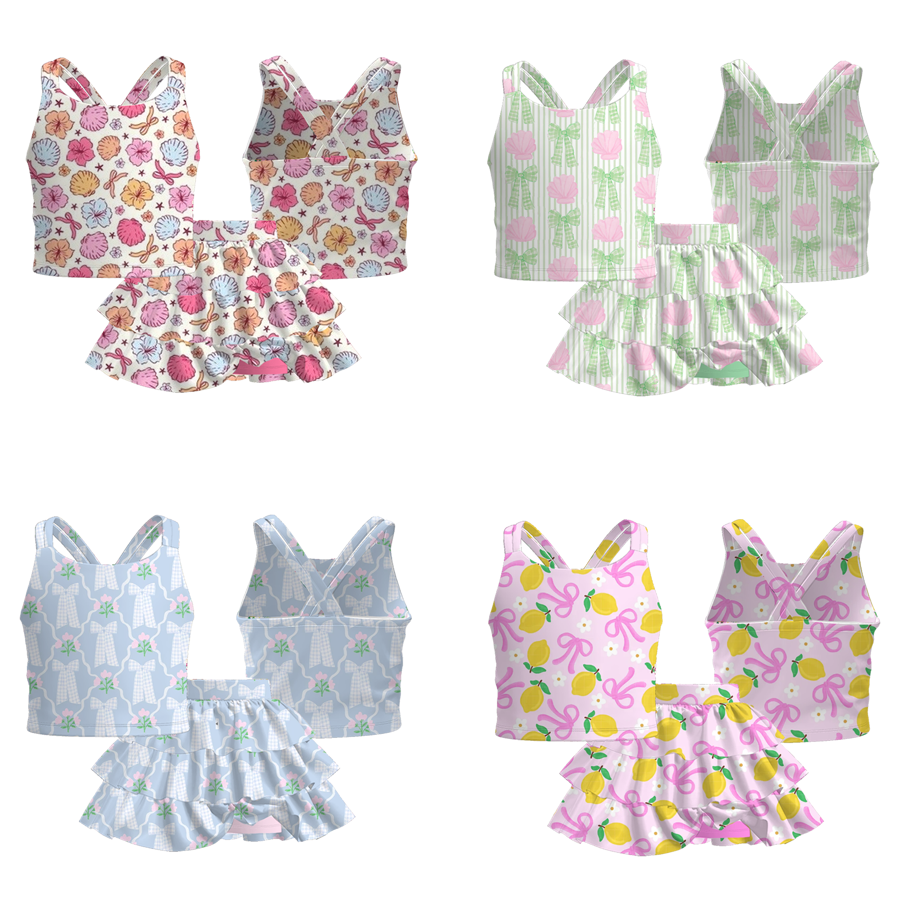 （Pre Order）Girls Spring and Summer Bow＆Floral Print Skort Set