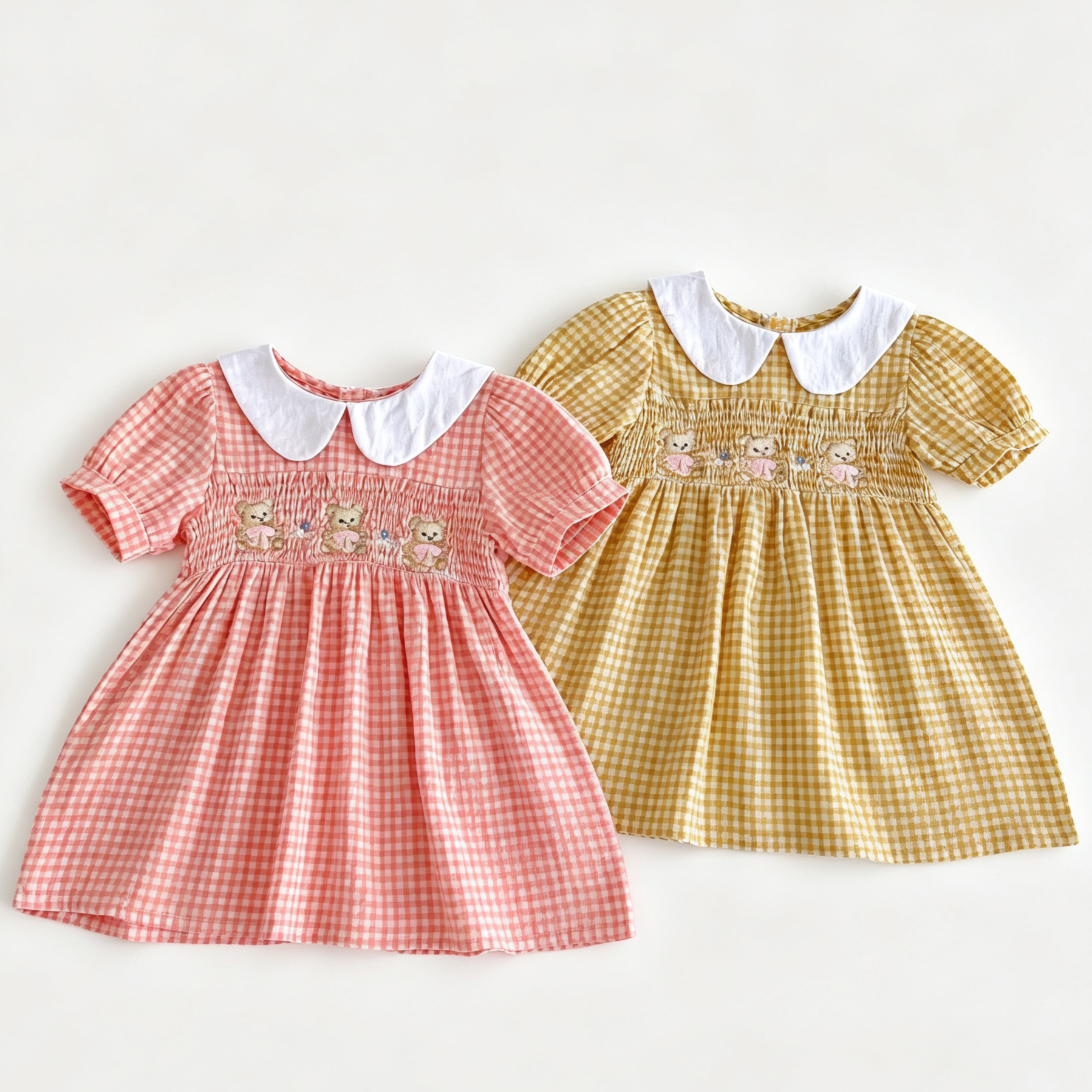 （Pre Order 2 Weeks）Girls Fall Plaid Bear Embroidery Smocked Dress