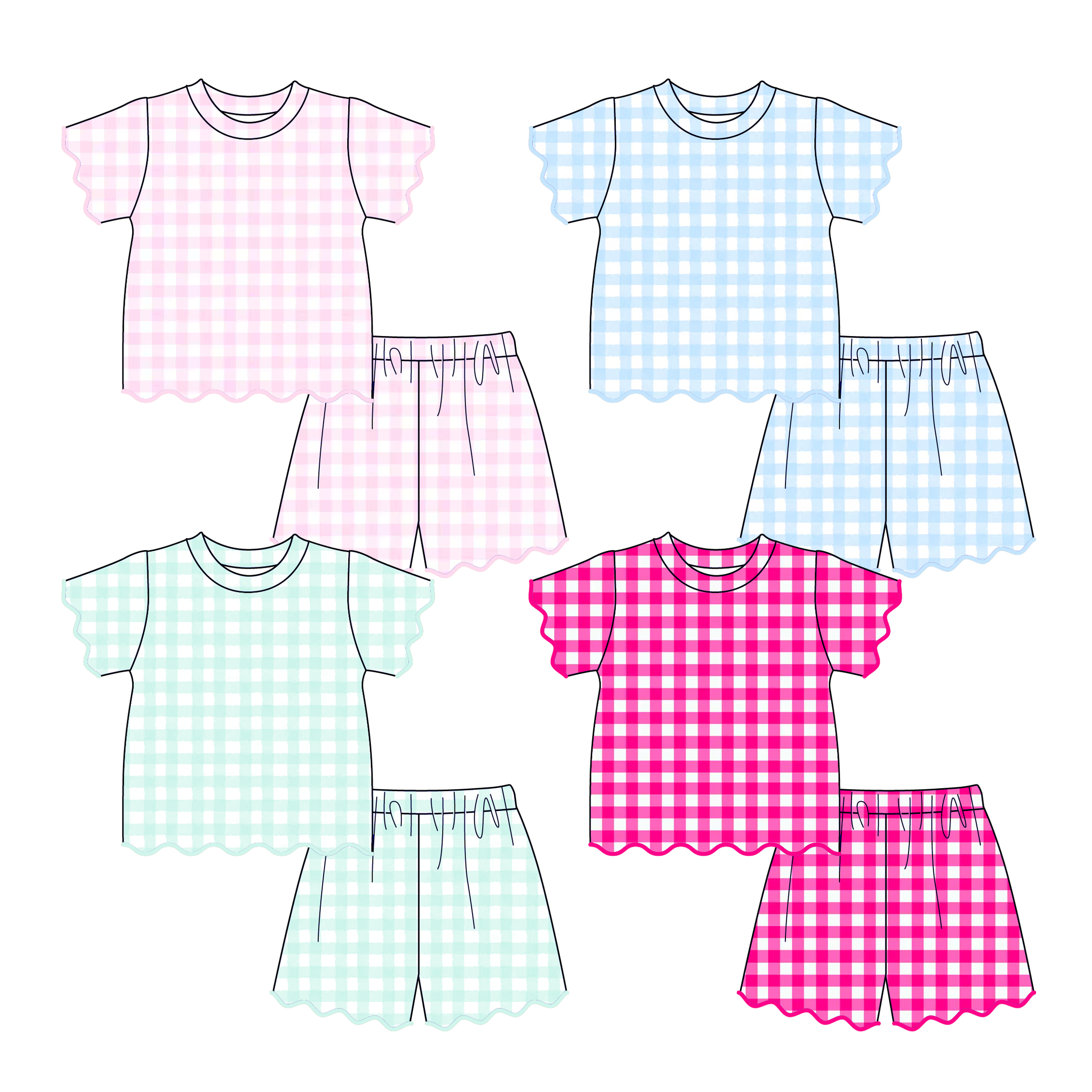 （Pre Order）Girls Spring&Summer Plaid Scallop Shorts Set