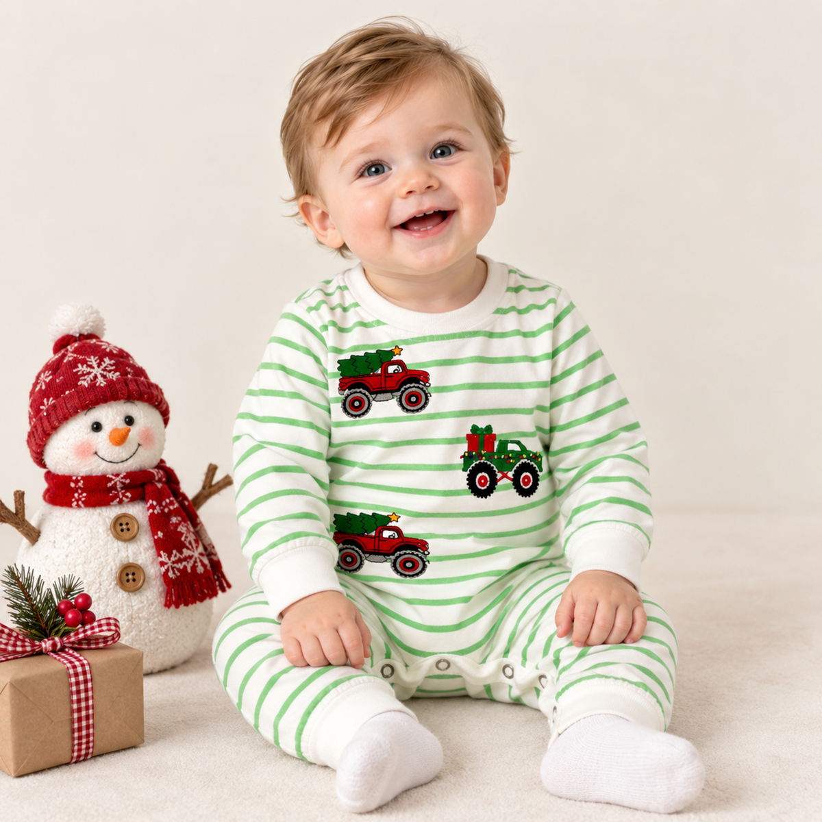 （In Stock）Toddler Boys Christmas Embroidery Romper