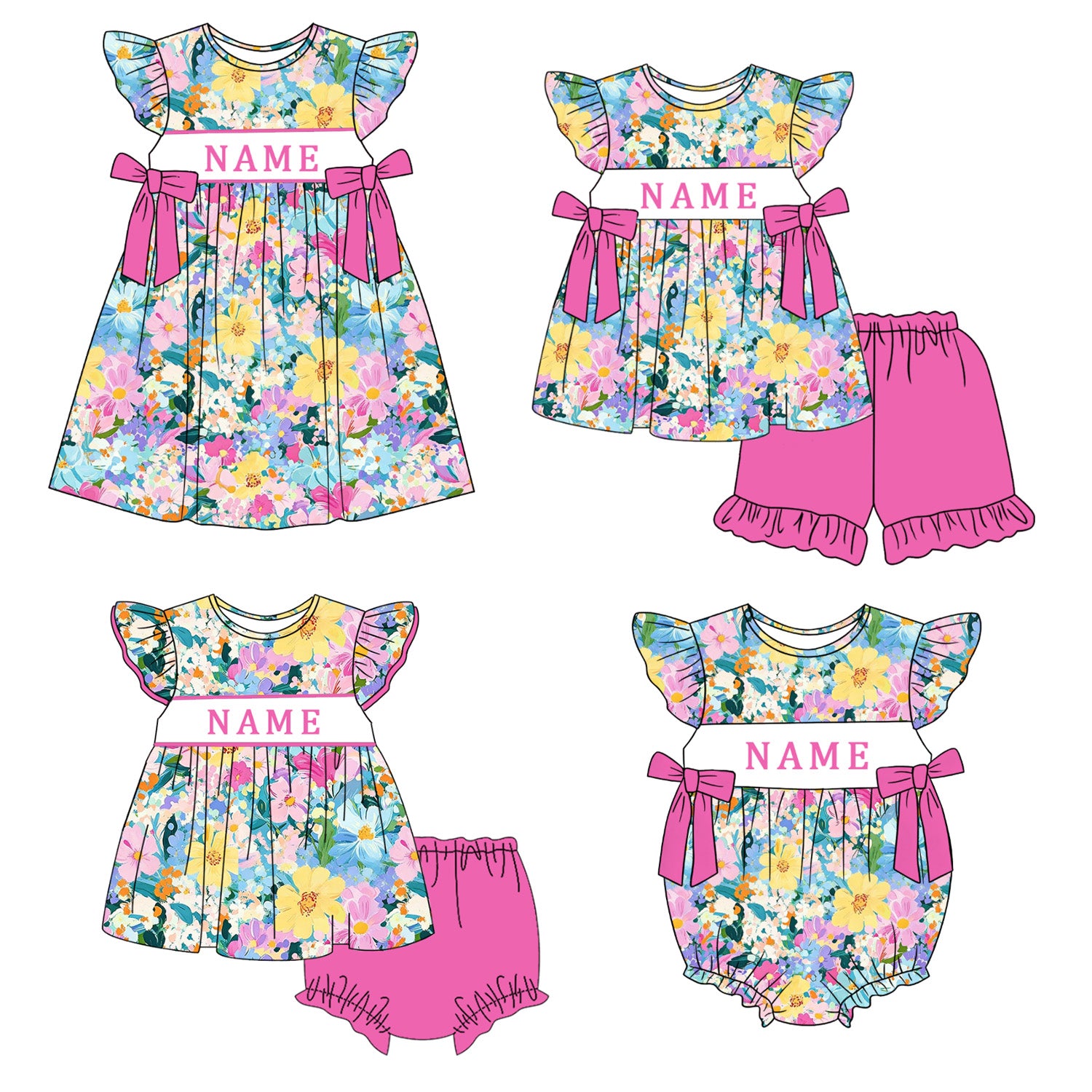 （Pre Order）Sisters Spring&Summer Floral Embroidery Smocked Dress,Set&Romper-Customized name