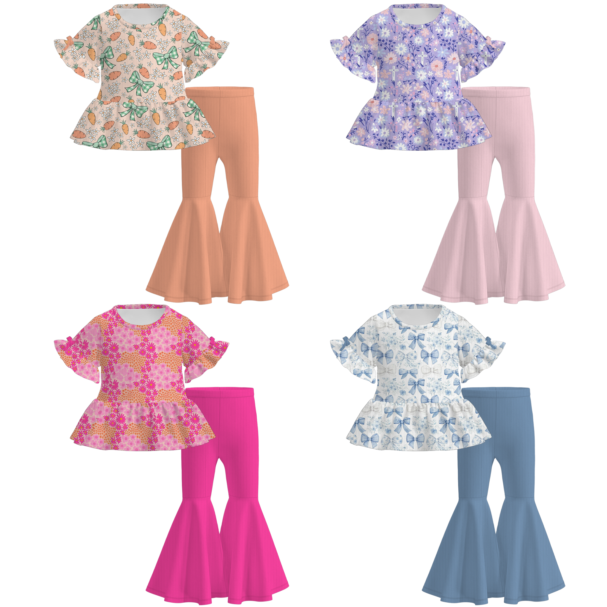 （Pre Order）Girls Easter Print Ruffle Ribbed Fabric Outfit Set