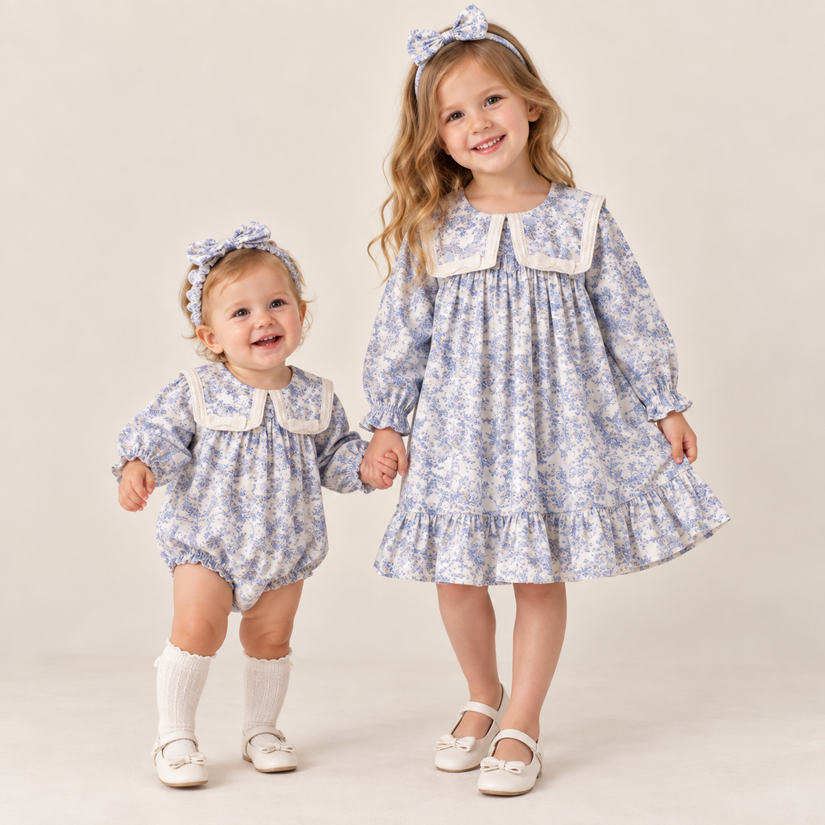 （Pre Order 2 Weeks）Sisters Fall Floral Print Lace Collar Bow Ruffle Dress&Romper