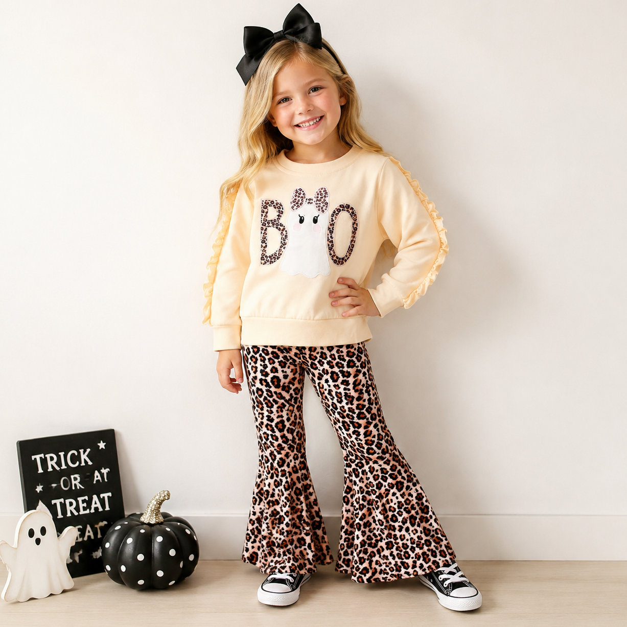 （In Stock）Girls Halloween BOO Applique Outfit Set