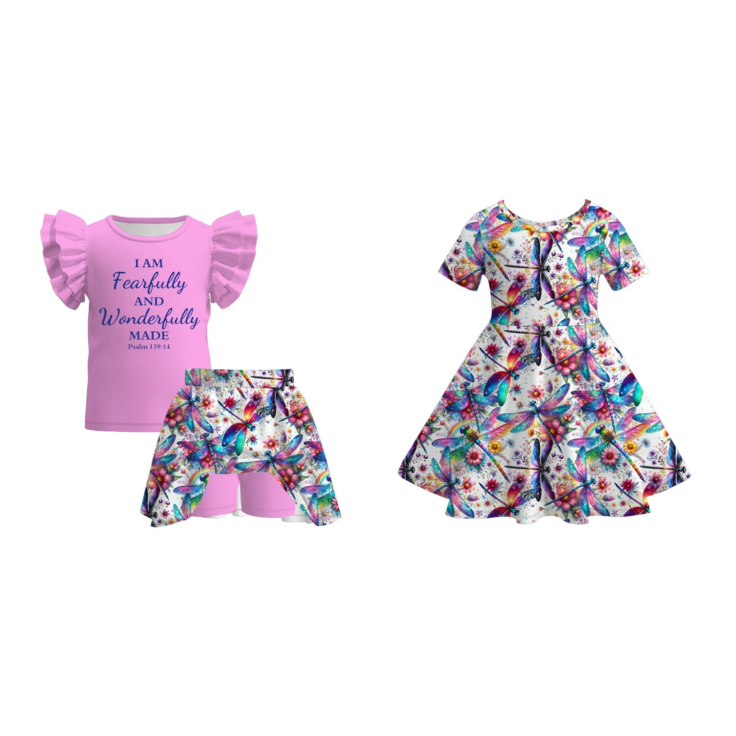 （Pre Order）Girls Spring and Summer Butterfly Print Dress＆Skort Set