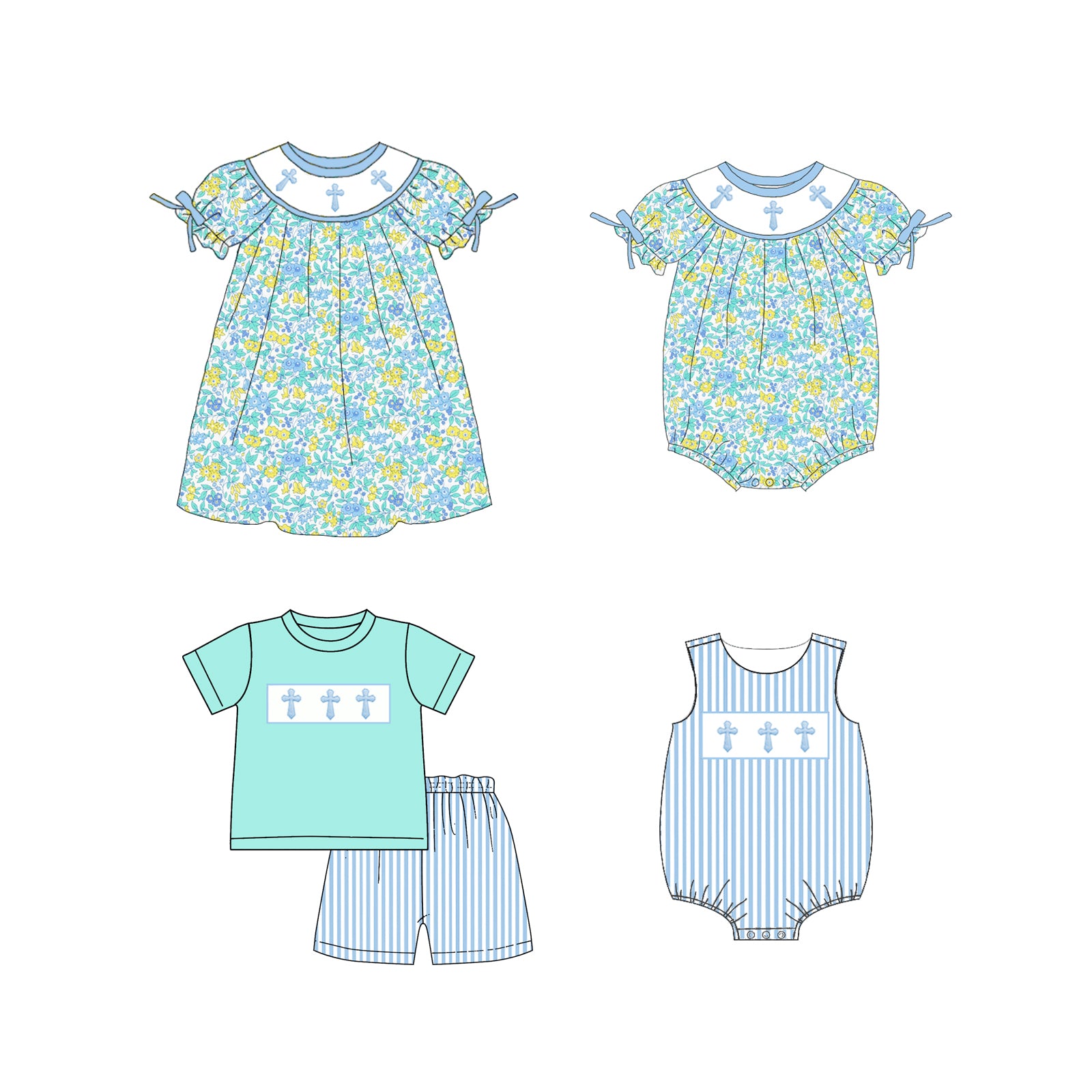 （Pre Order）Siblings Easter Cross Embroidery Smocked Dress,Set&Romper