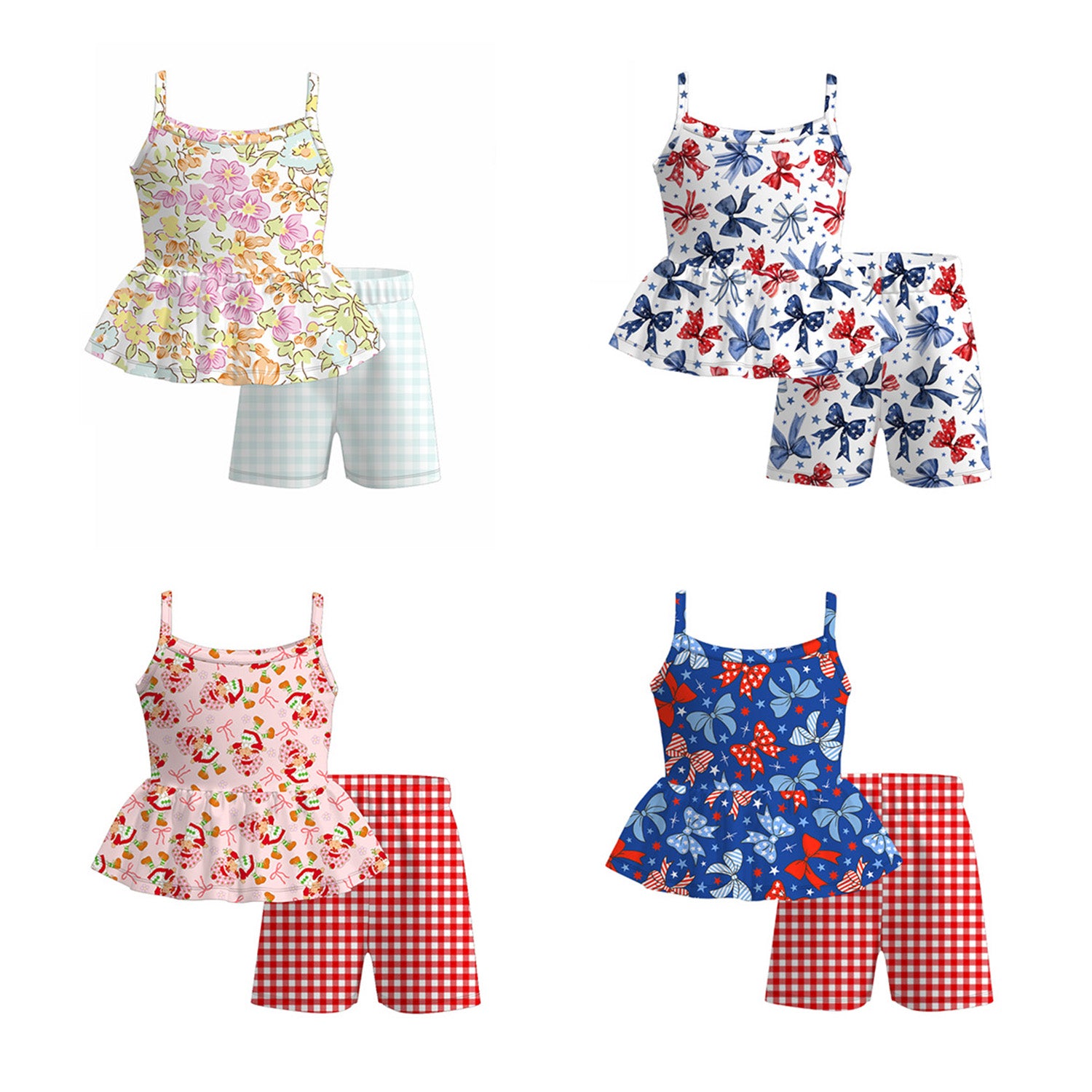 （Pre Order）Girls Spring and Summer Bow＆Floral Print Shorts Set
