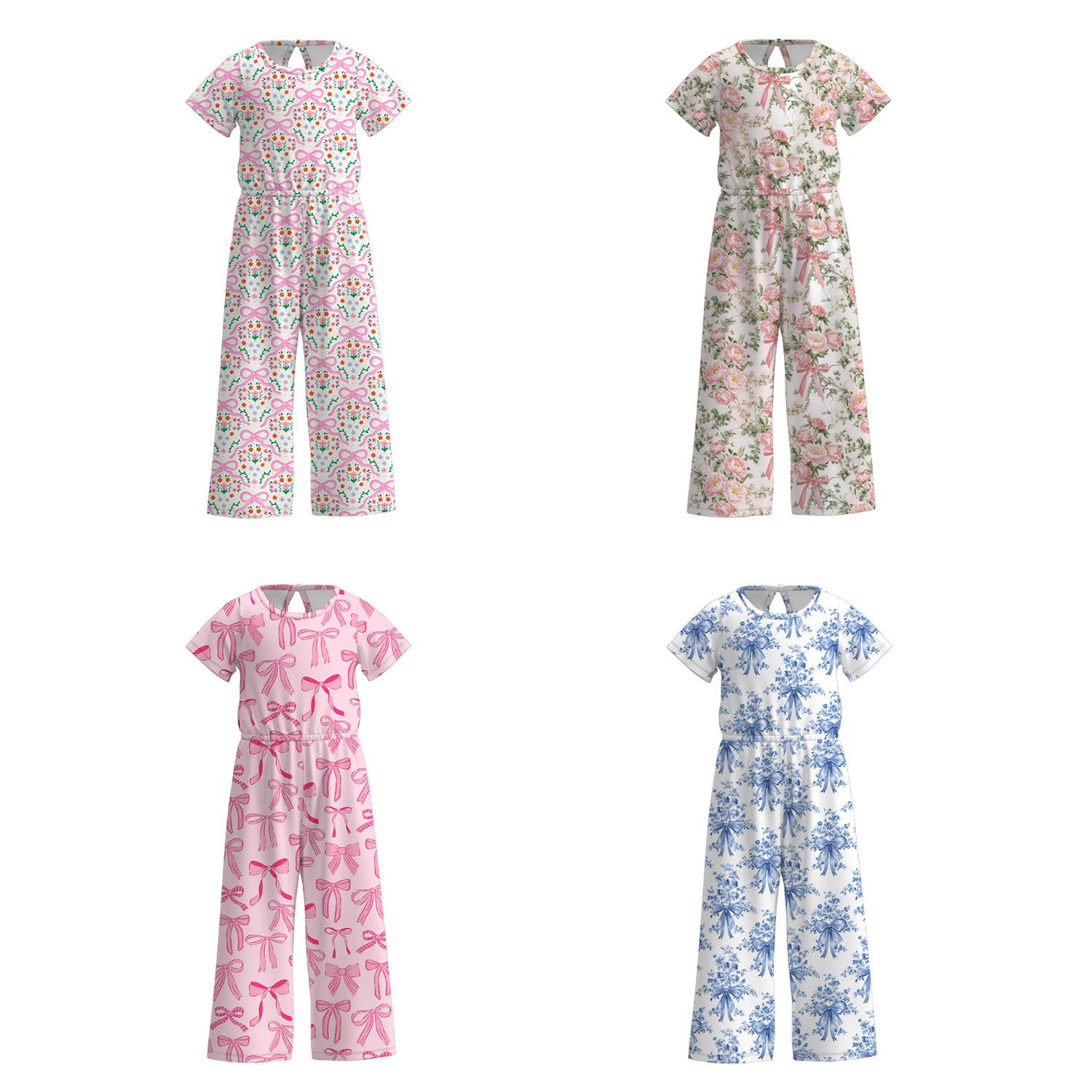 （Pre Order）Girls Spring and Summer Bow＆Floral Print Jumpsuit