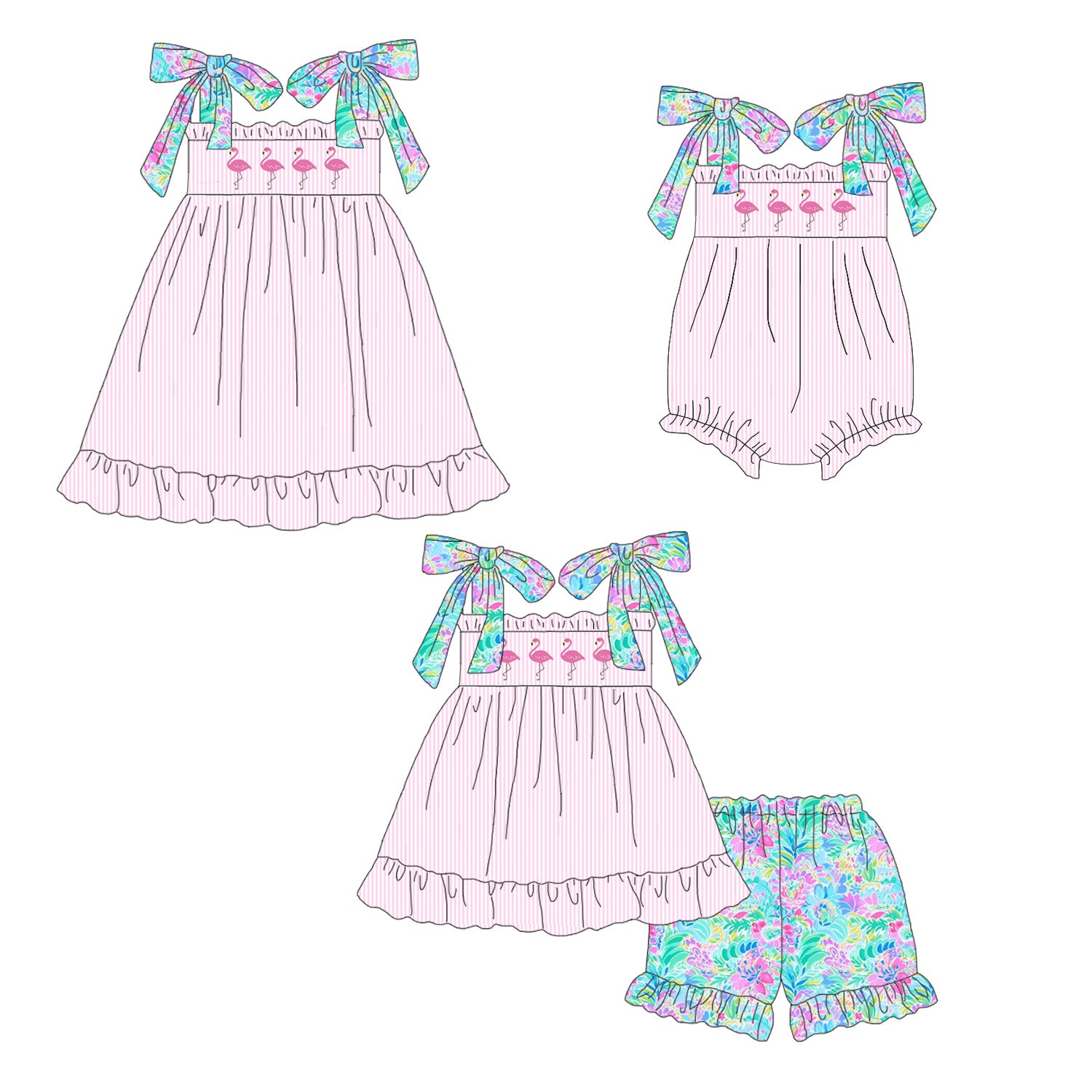（Pre Order）Sister Spring and Summer Flamingo Print Dress,Romper＆Set