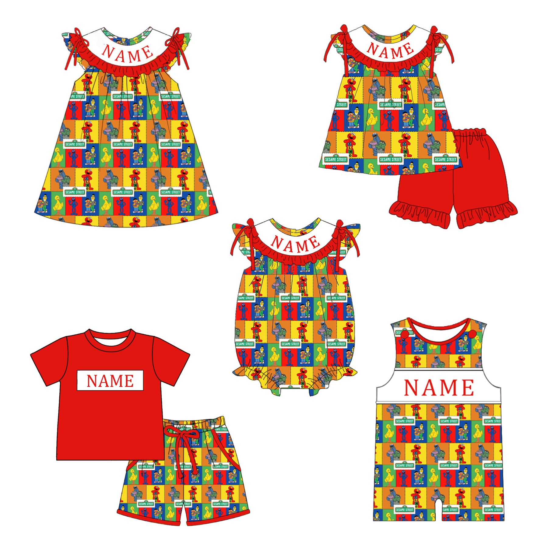 （Pre Order）Siblings Cartoon Embroidery Smocked Dress,Set&Romper