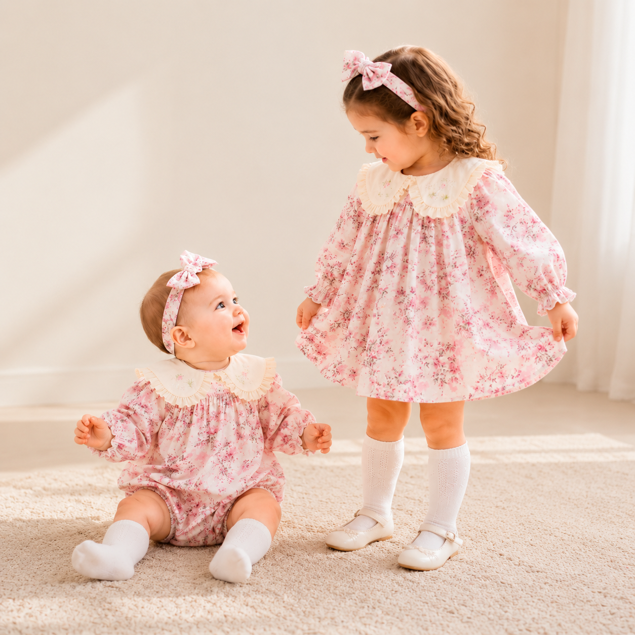 （In Production）Sisters Baby Collar Pink Floral Dress&Romper