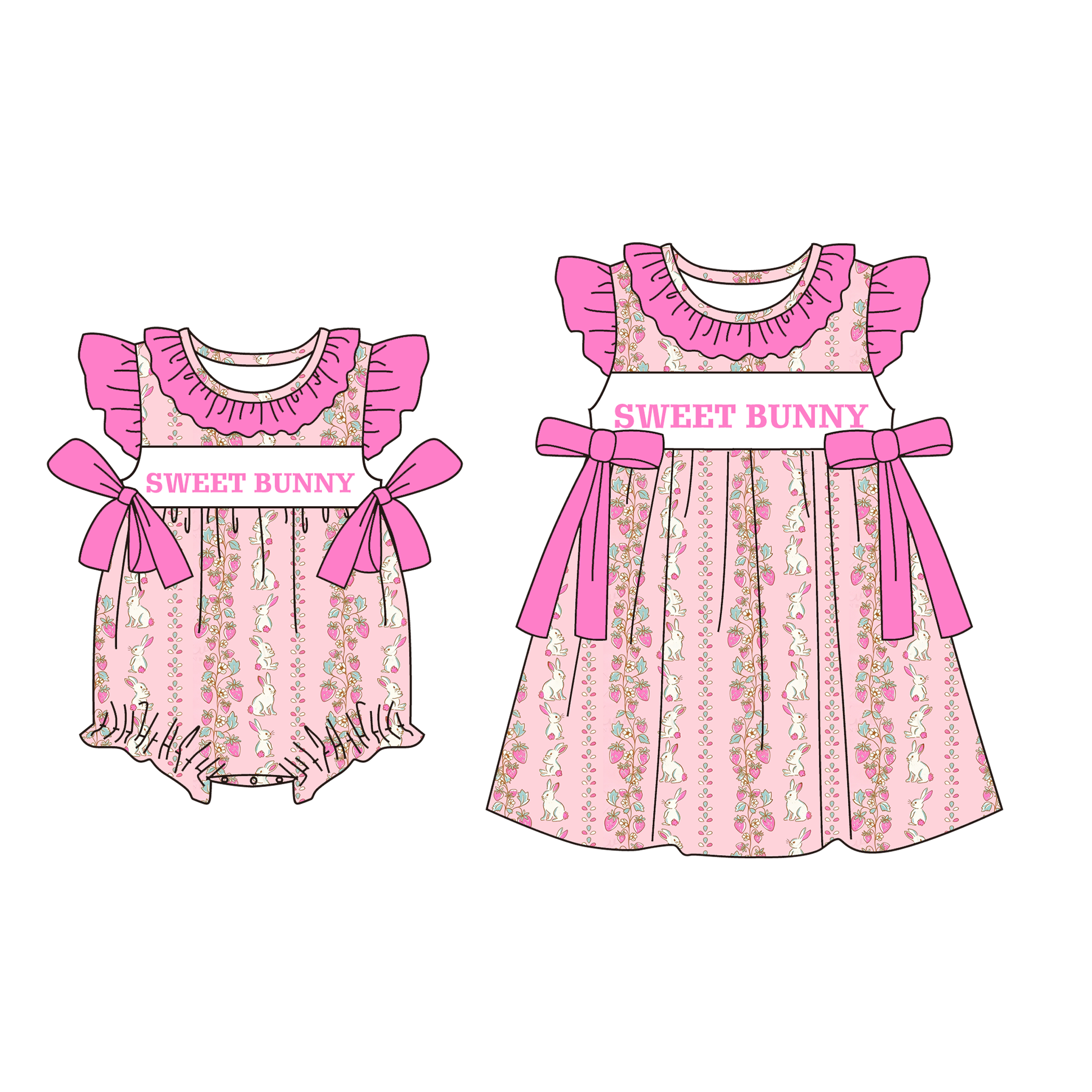 （Pre Order）Sisters Easter Bunny Embroidery Smocked Dress&Romper