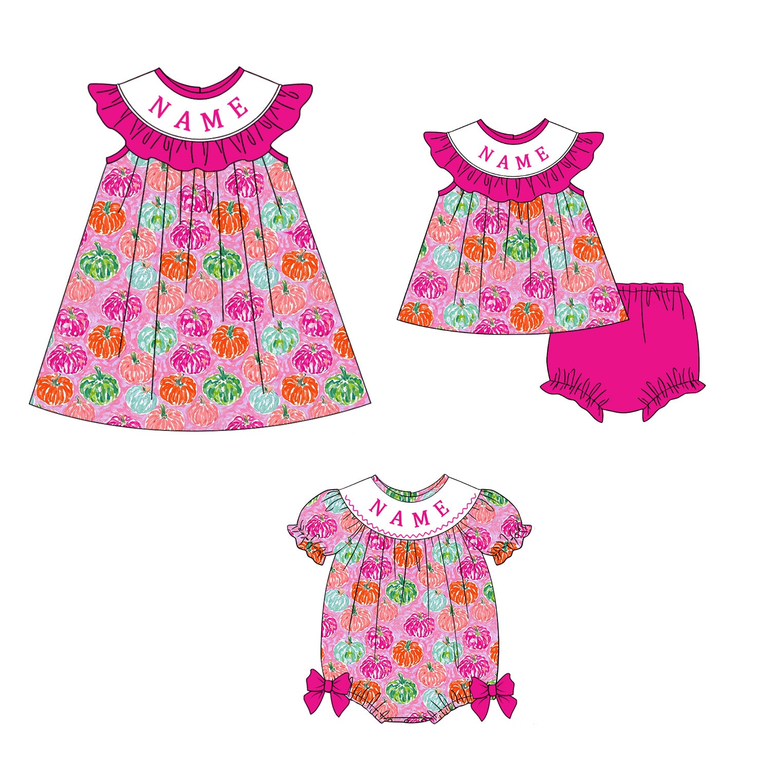 （Pre Order）Sisters Pumpkin Embroidery Smocked Dress,Set&Romper
