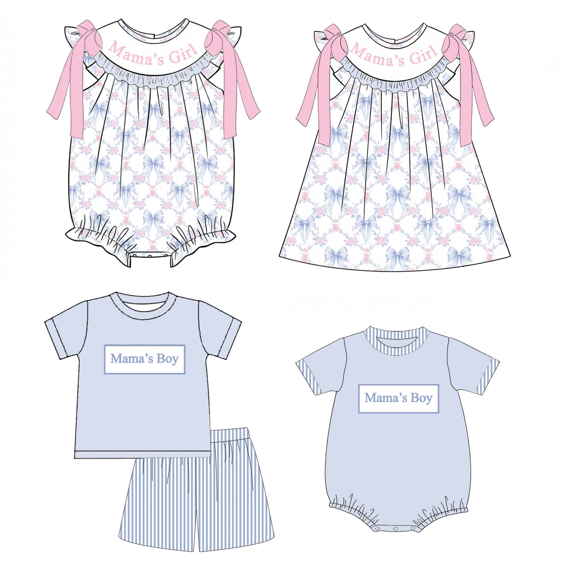 （Pre Order）Siblings MAMA'S GIRL&BOY Embroidery Smocked Dress,Set&Romper