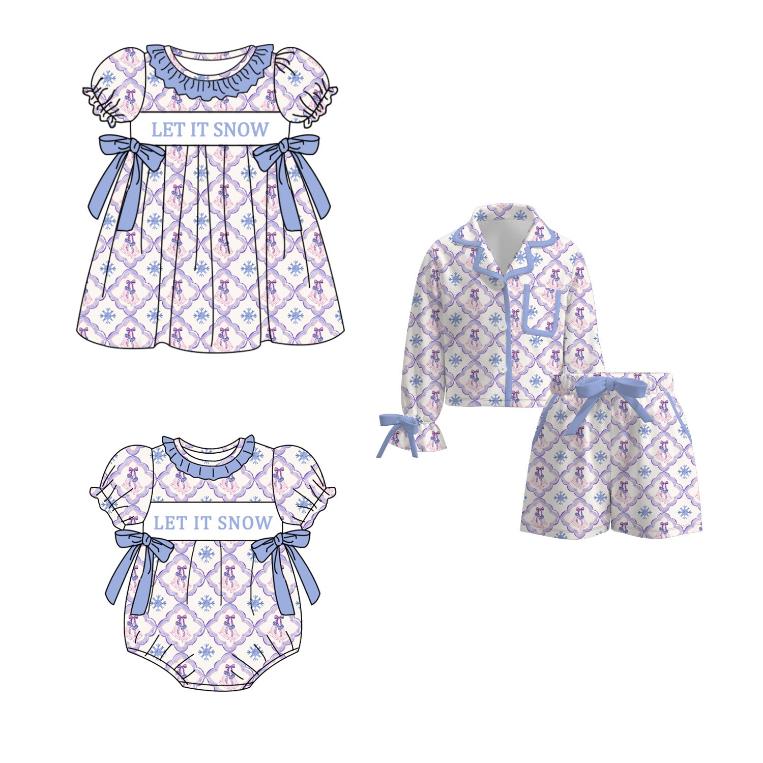 （Pre Order）Sisters Christmas Let It Snow Embroidery Smocked Dress,Pajamas&Romper