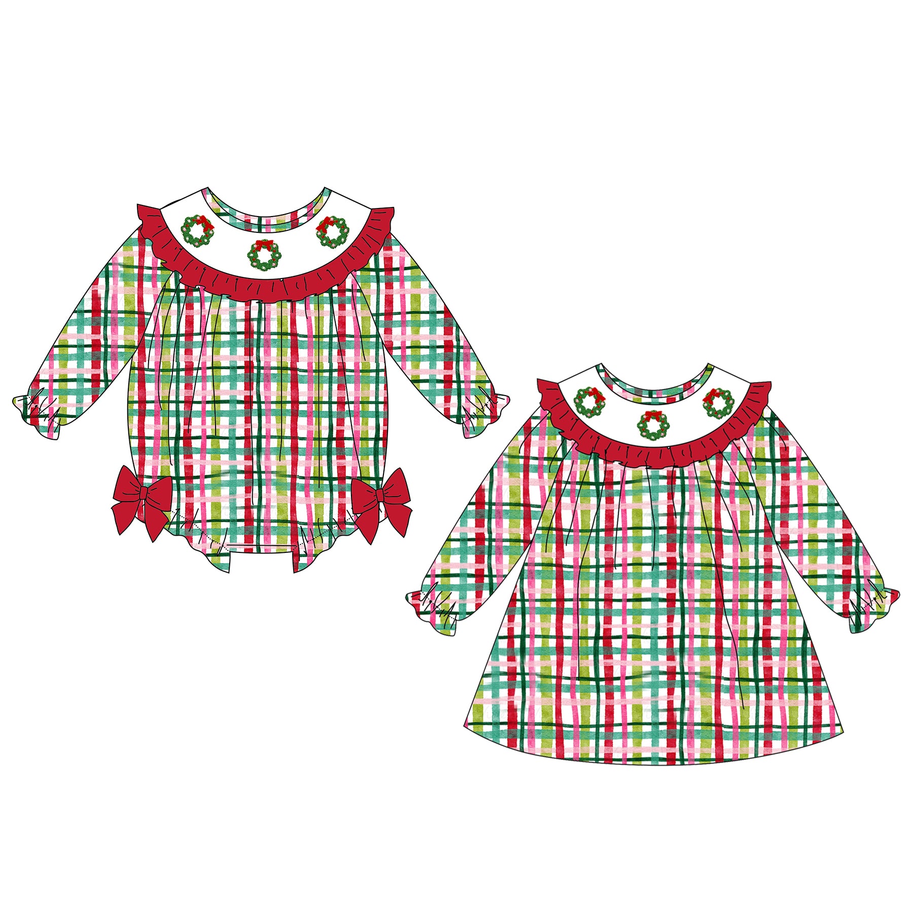 （Pre Order）Sisters Christmas Embroidery Smocked Dress&Romper