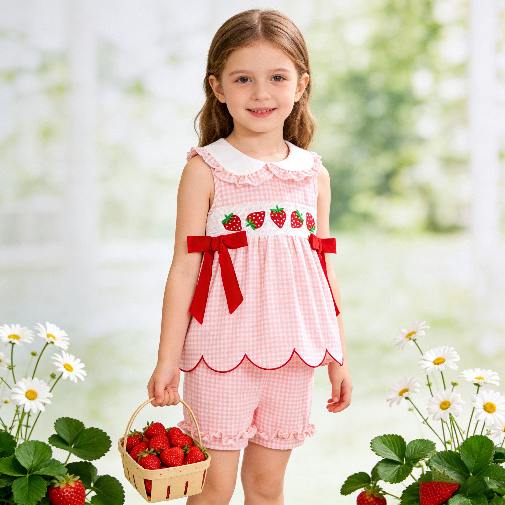 （In Stock）Girls Spring&Summer Strawberry Embroidery Smocked Set&Romper