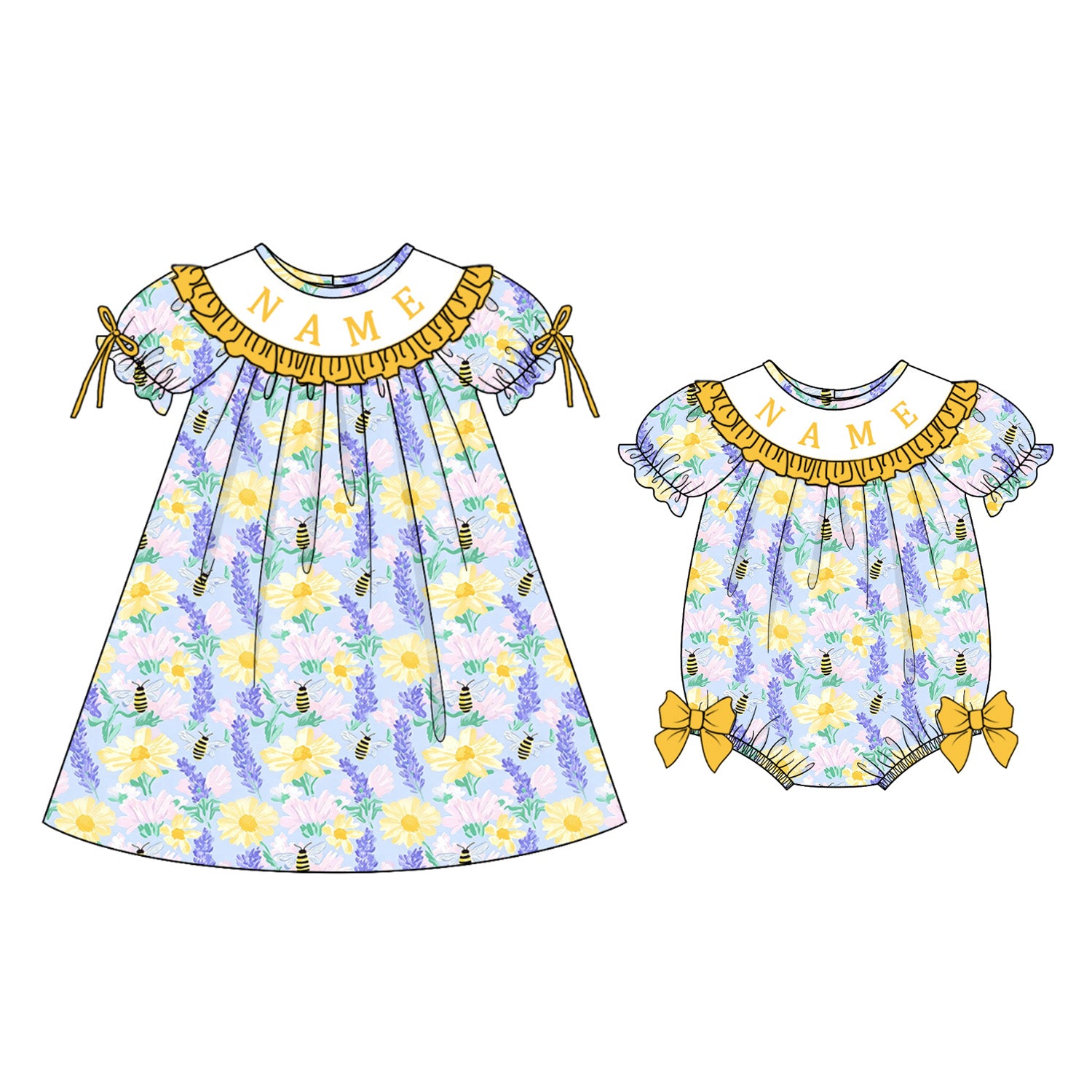 （Pre Order）Sisters Spring&Summer Bee Embroidery Smocked Dress,Set&Romper-Customized name
