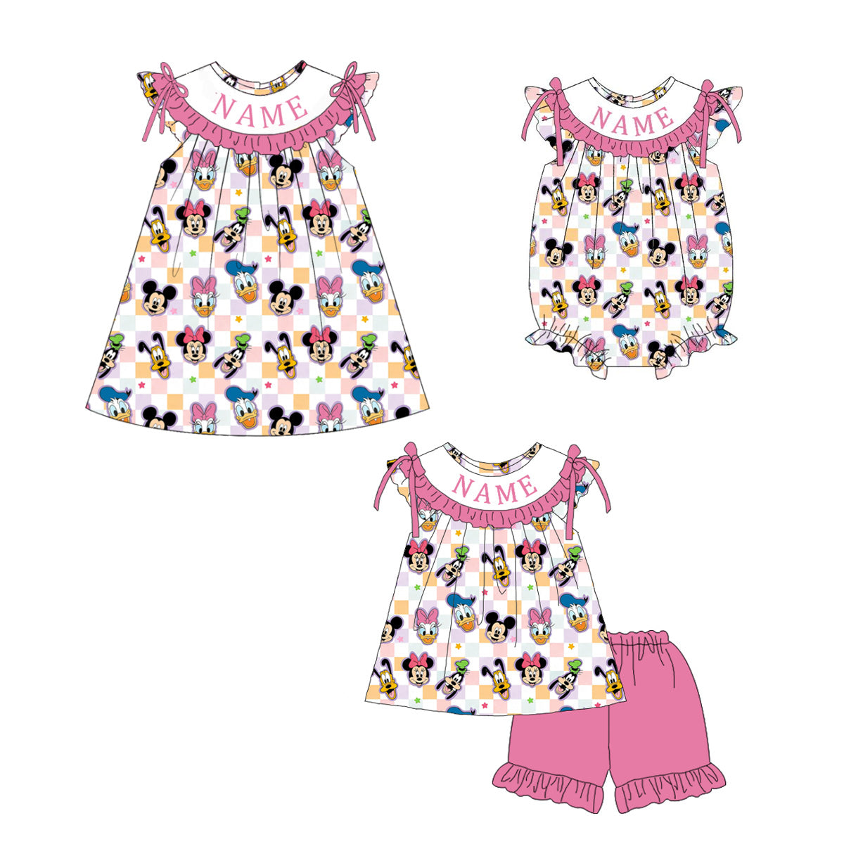 （Pre Order）Sisters Spring&Summer Cartoon Embroidery Smocked Dress,Set&Romper-Customized name