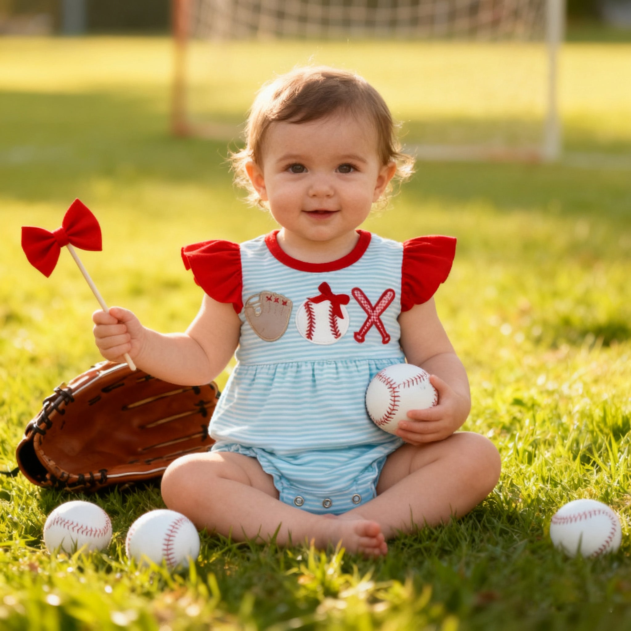 （In Stock）Toddler Girls Spring and Summer Baseball Applique Romper