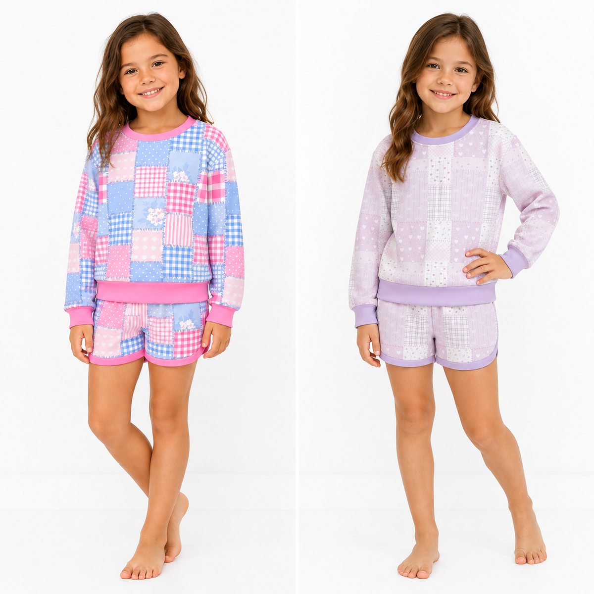 （Pre Order）Girls Pastel Patchwork Long Sleeve Top & Shorts Set