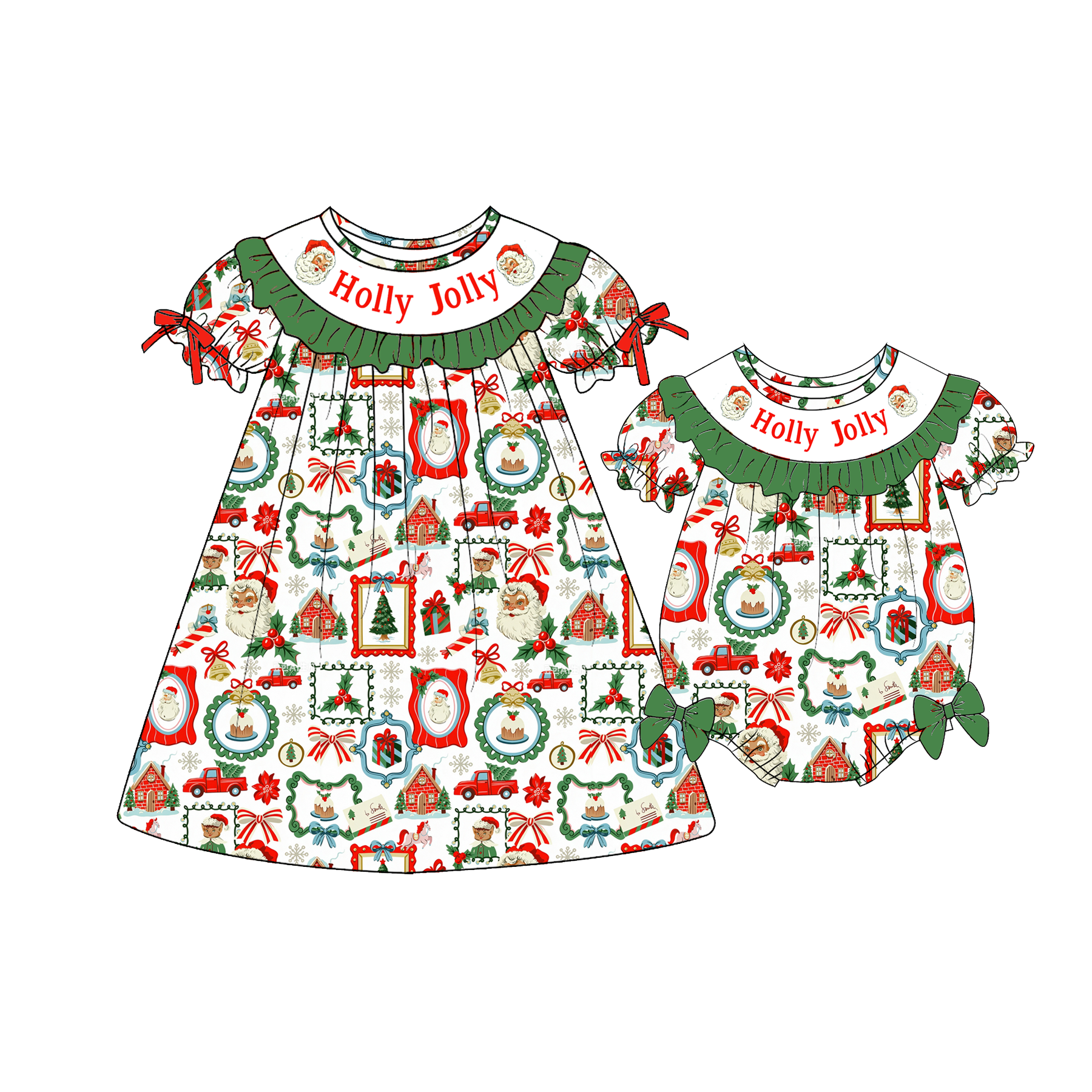 （Pre Order）Sisters Christmas Embroidery Smocked Dress,Set&Romper