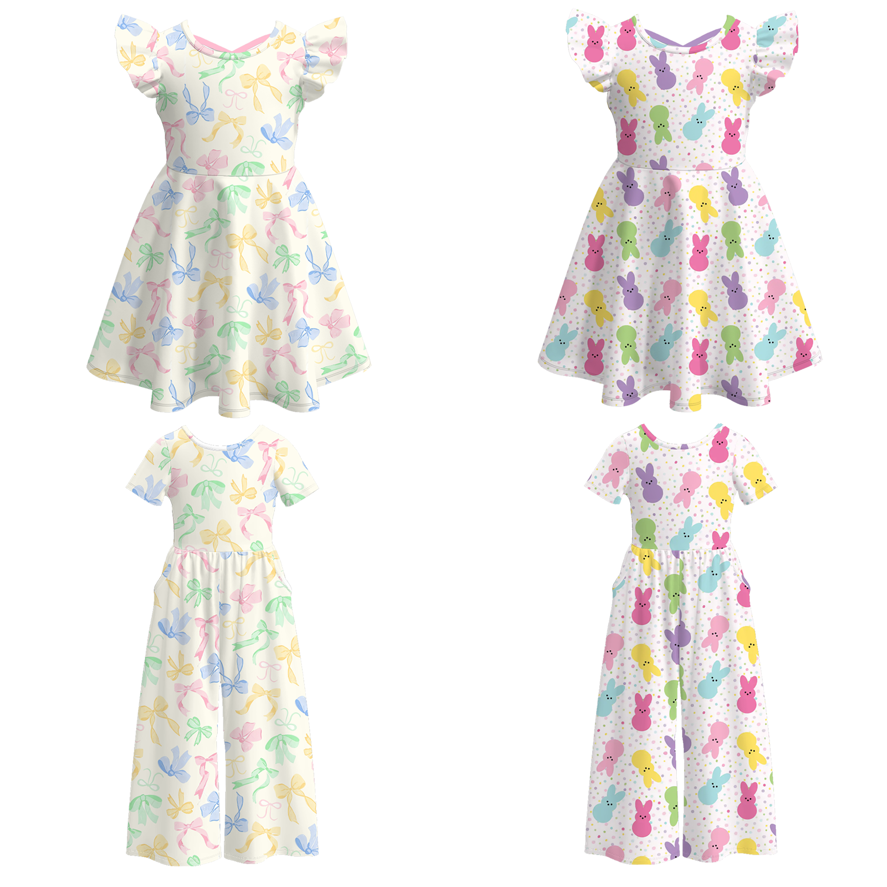 （Pre Order）Girls Easter Bow&Bunny Print Dress&Jumpsuit