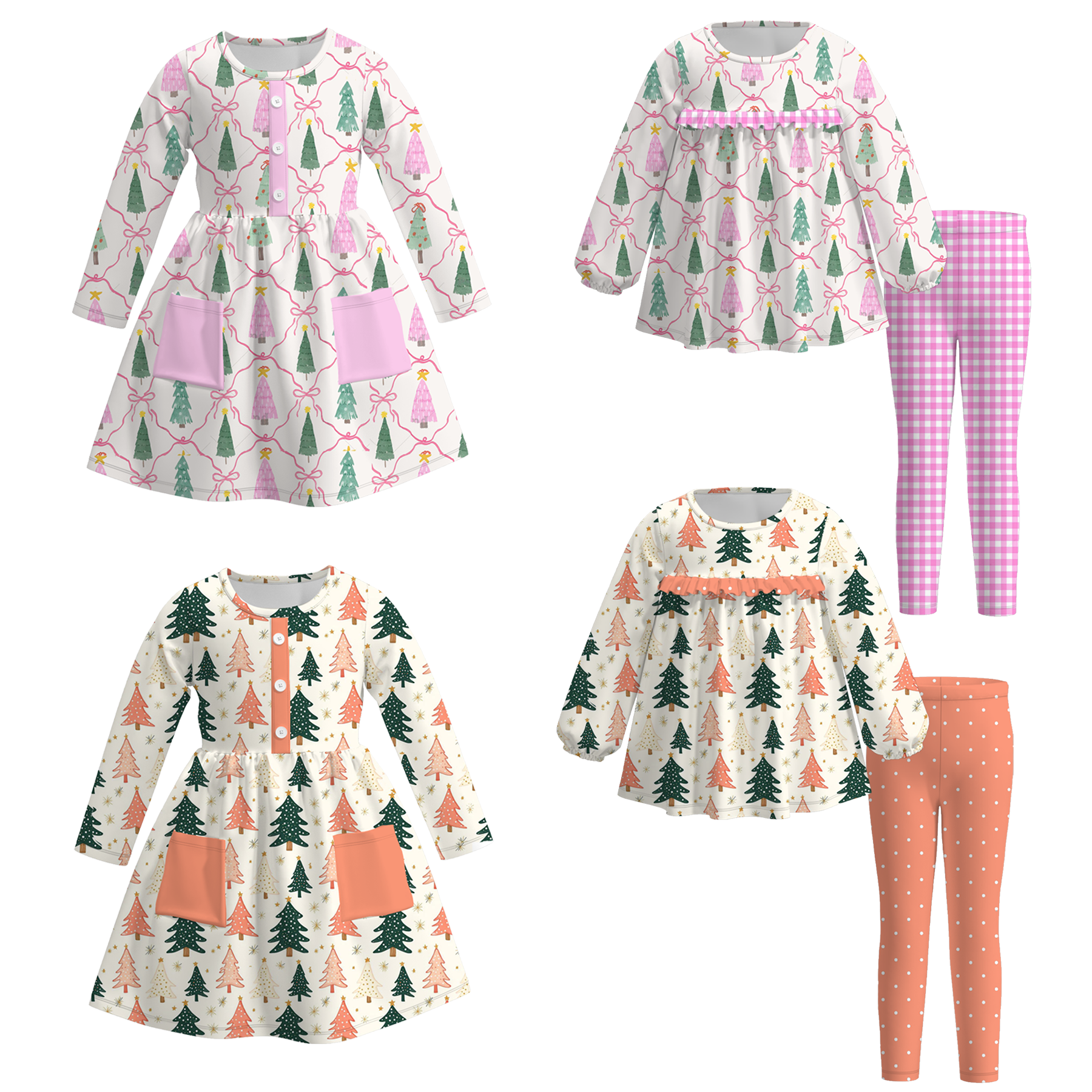 （Pre Order）Girls Christmas Tree Print Dress with Pockets&Set