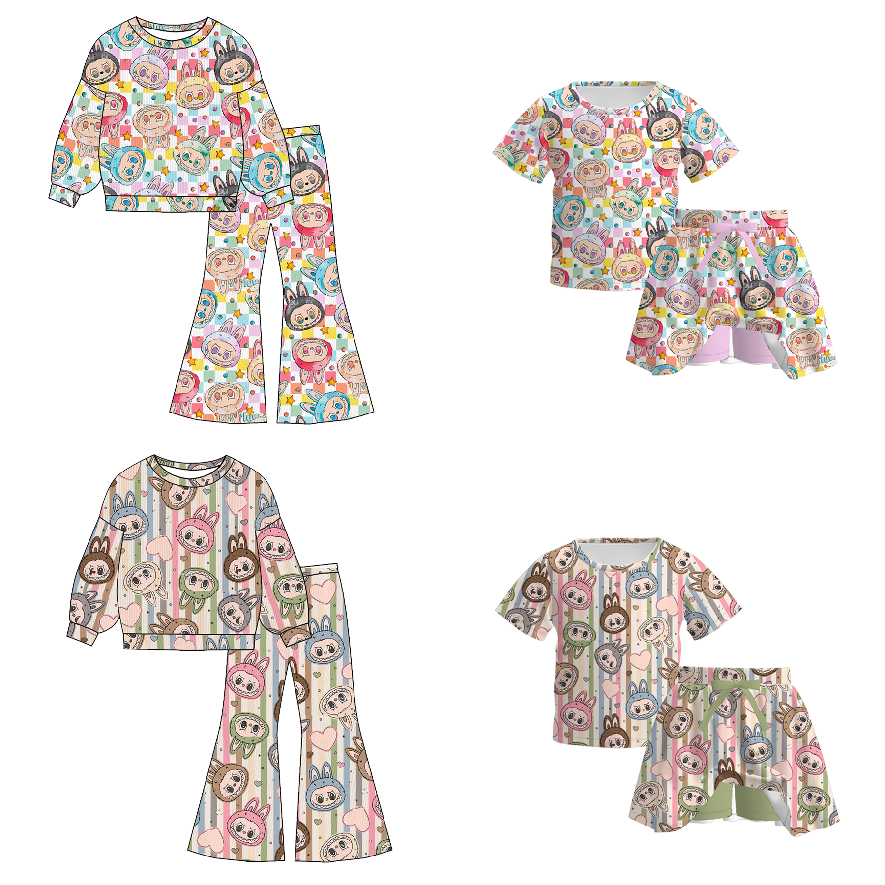 （Pre Order）Girls Fall Cartoon Print Twill Sweatshirt Suit&Skort Set