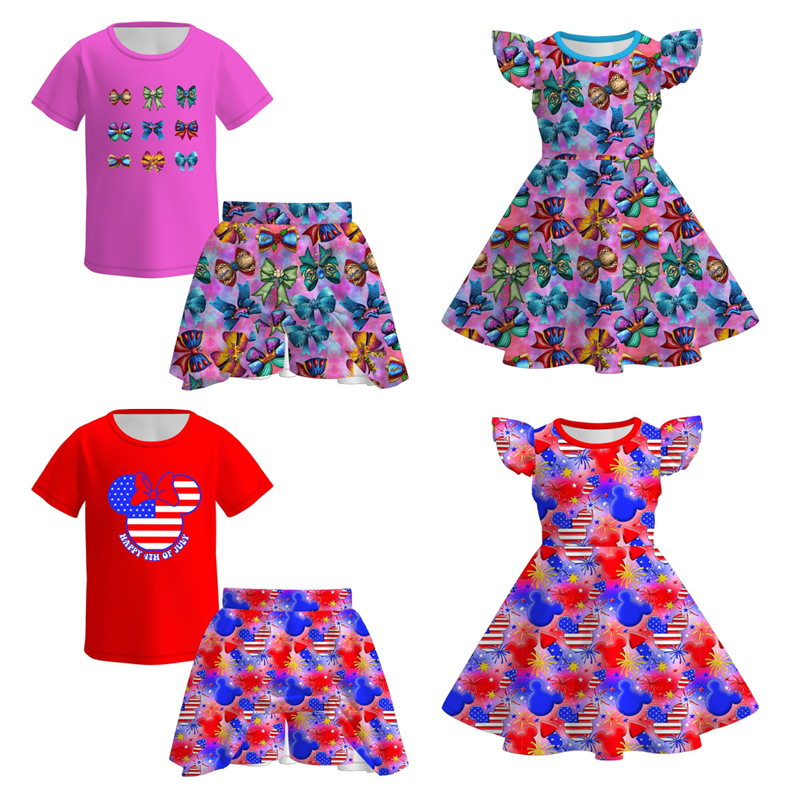 （Pre Order）Girls Summer Patriotic Print Dress＆Skort Set