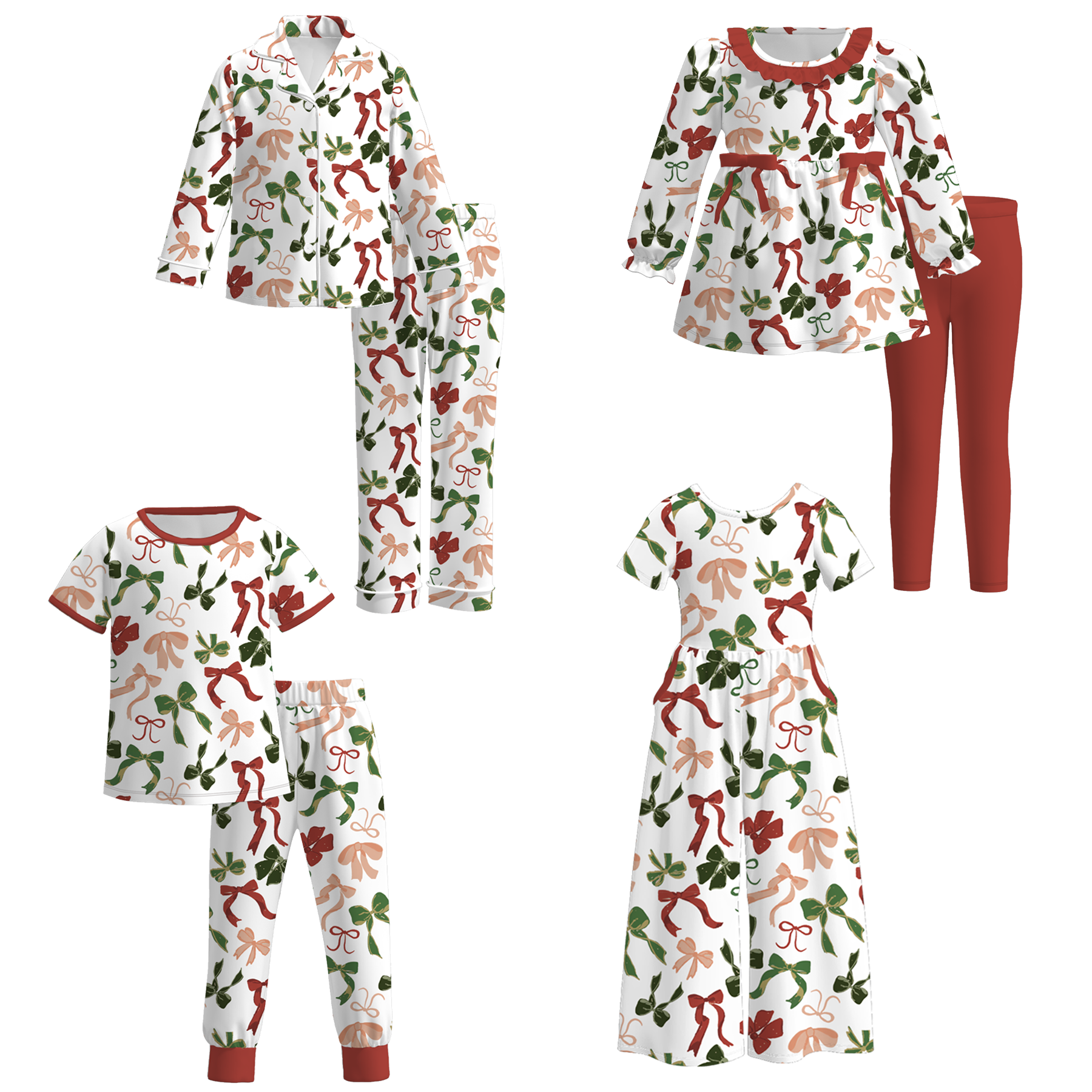 （Pre Order）Girls Christmas Bow Print Set,Pajamas＆Jumpsuit