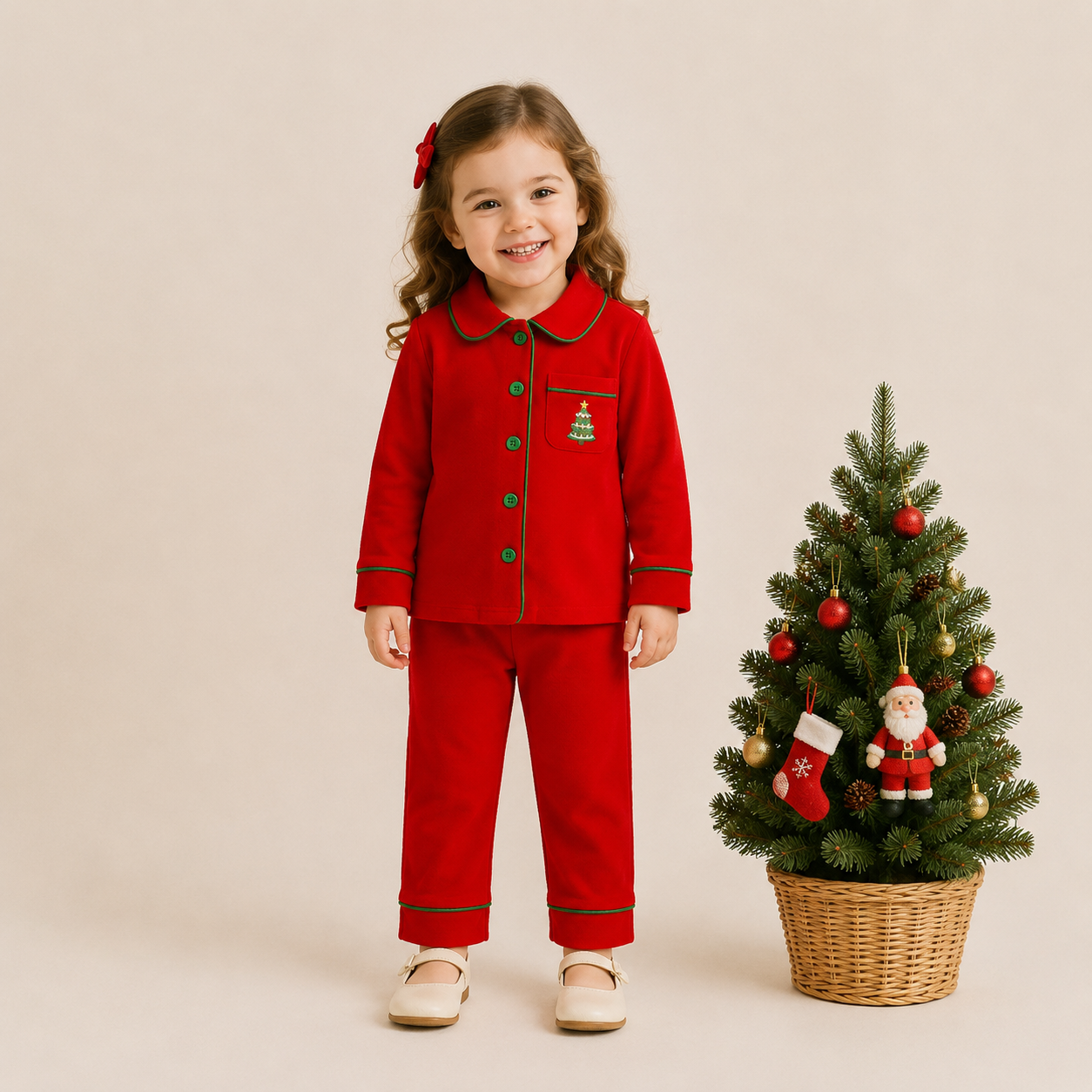 （In Stock）Girls Christmas Tree Embroidery Cotton Pajamas