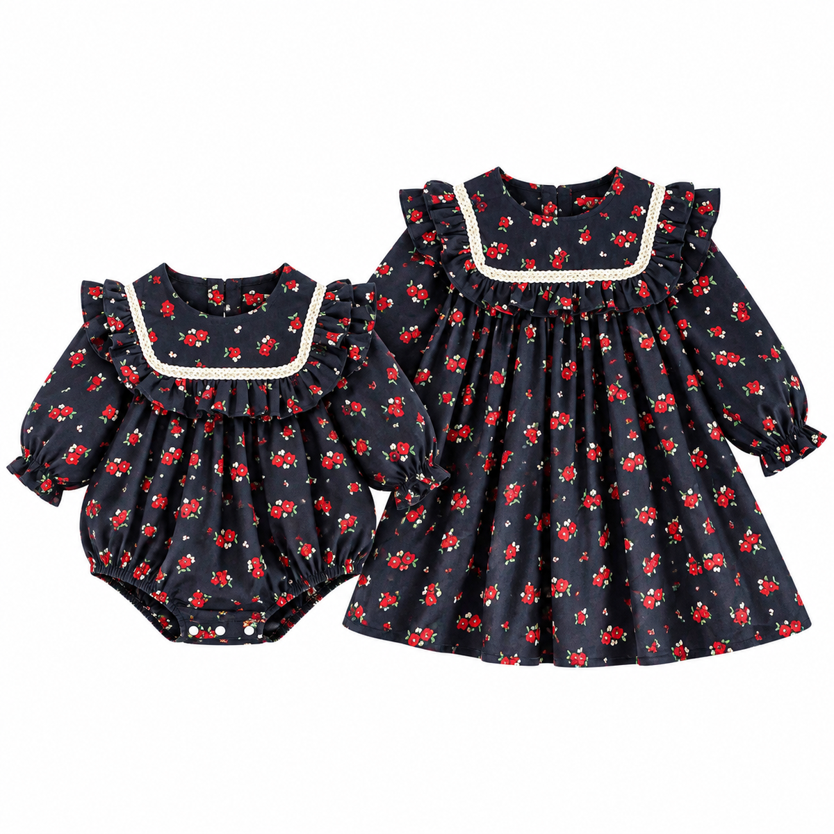 （Pre Order 2 Weeks）Sisters Fall Floral Print Ruffle Dress&Romper
