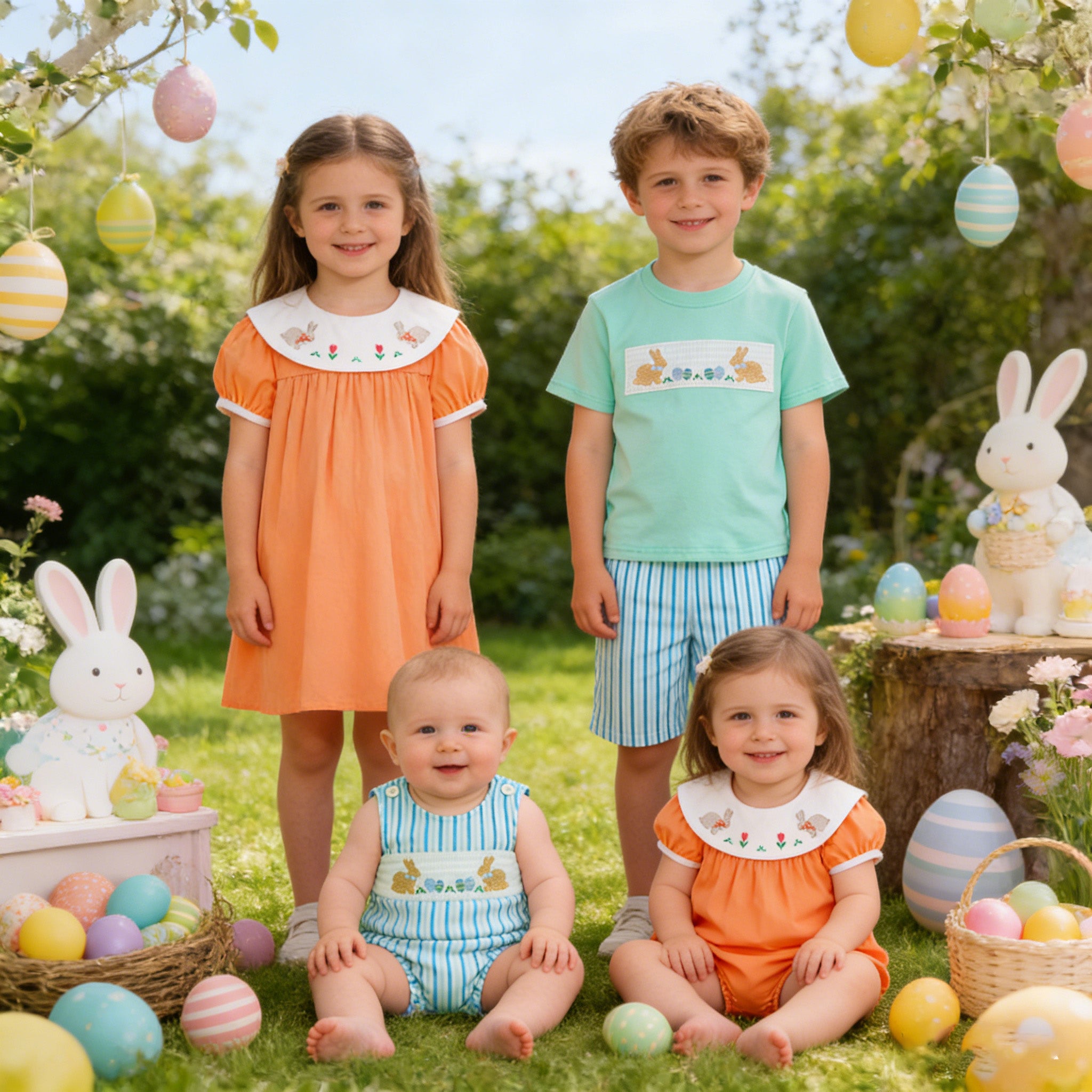 （In Stock）Siblings Easter Bunny Embroidery Dress,Set&Romper