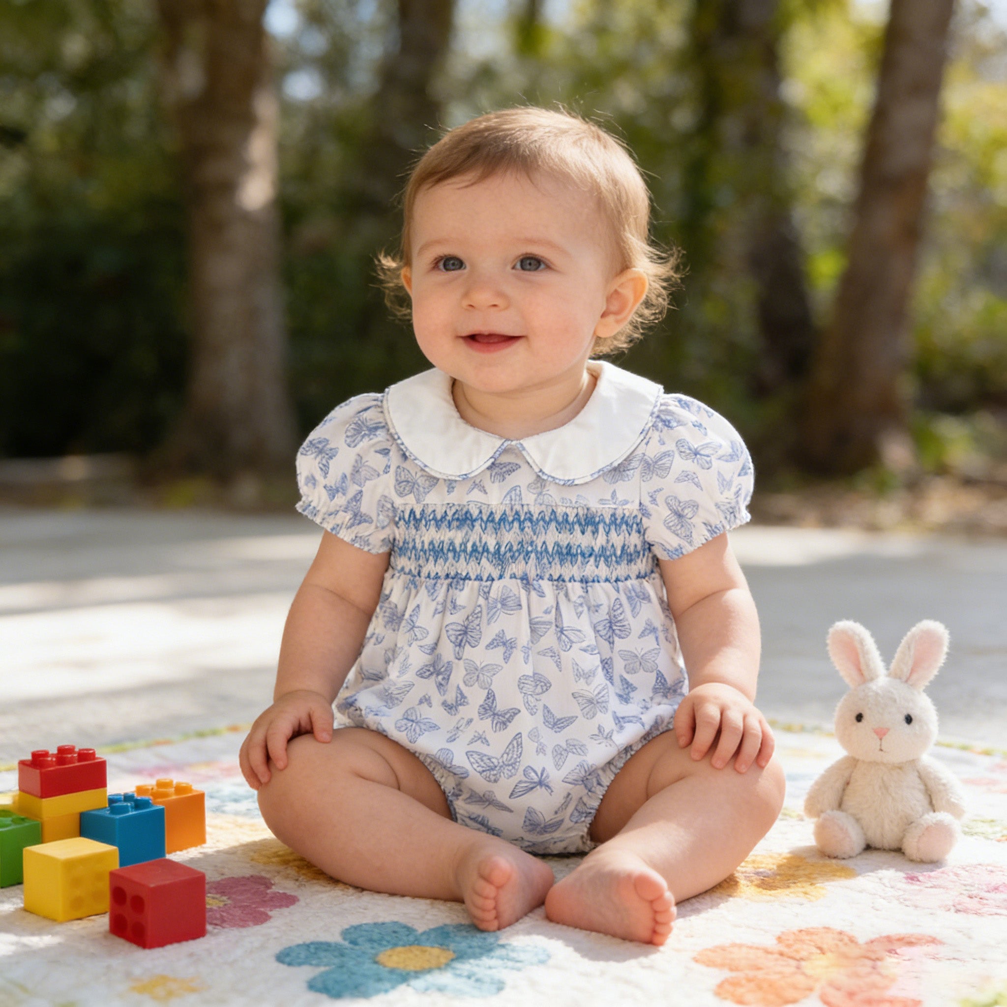 （In Production）Sisters Spring&Summer Blue Butterfly Print Smocked Dress,Romper