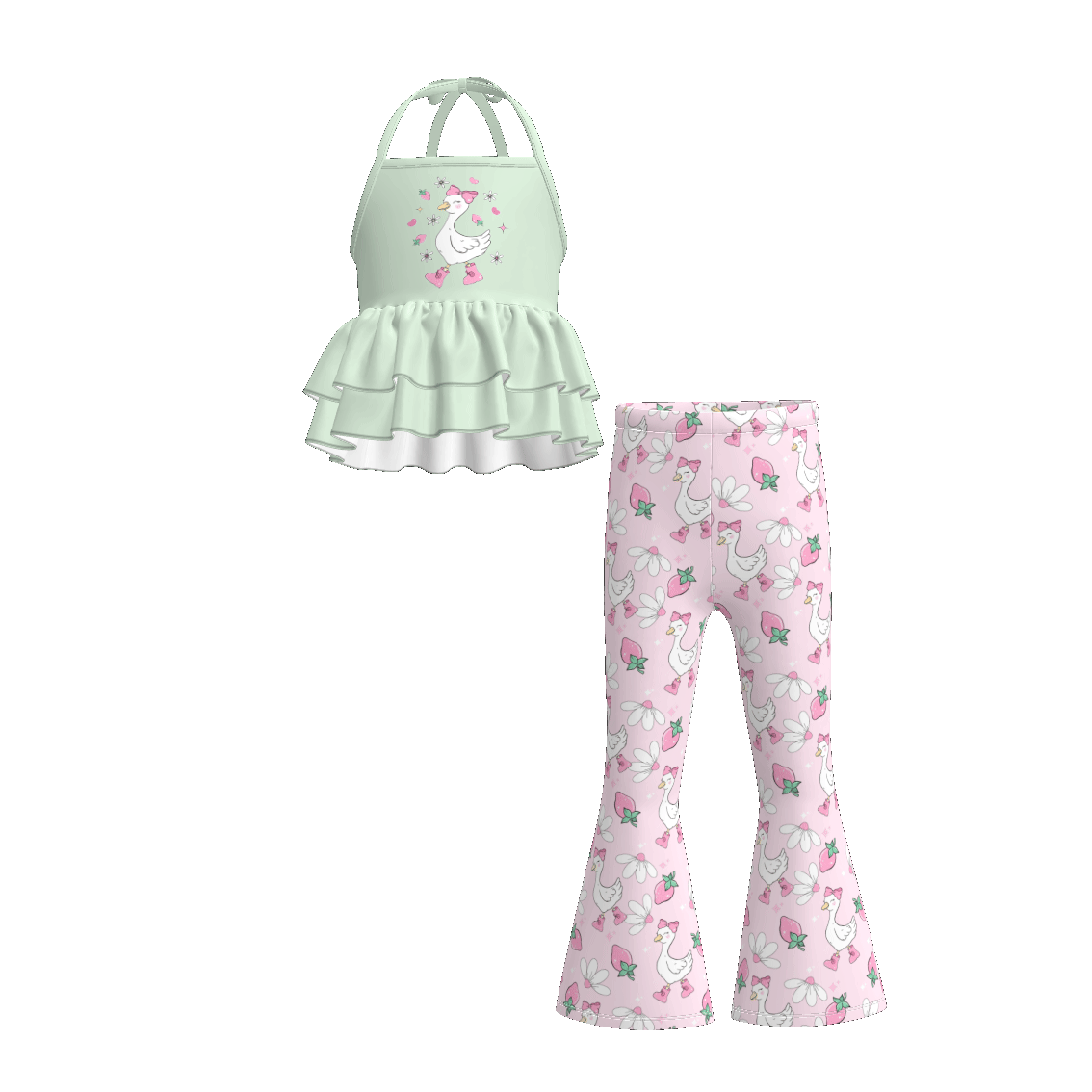 （Pre Order）Girls Spring and Summer Print Halterneck Top Bell Pants Set