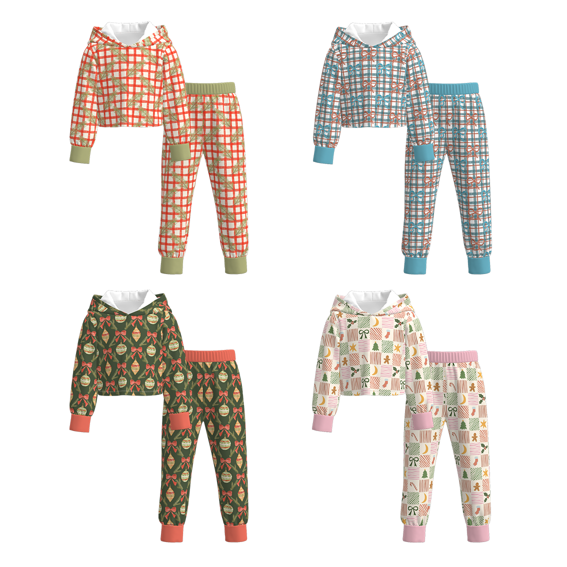 （Pre Order）Girls Christmas Plaid Print Hoodie Set