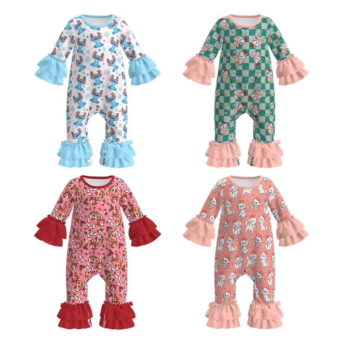 （Pre Order）Toddler Girls Christmas Cartoon Print Lace Sleeves Romper