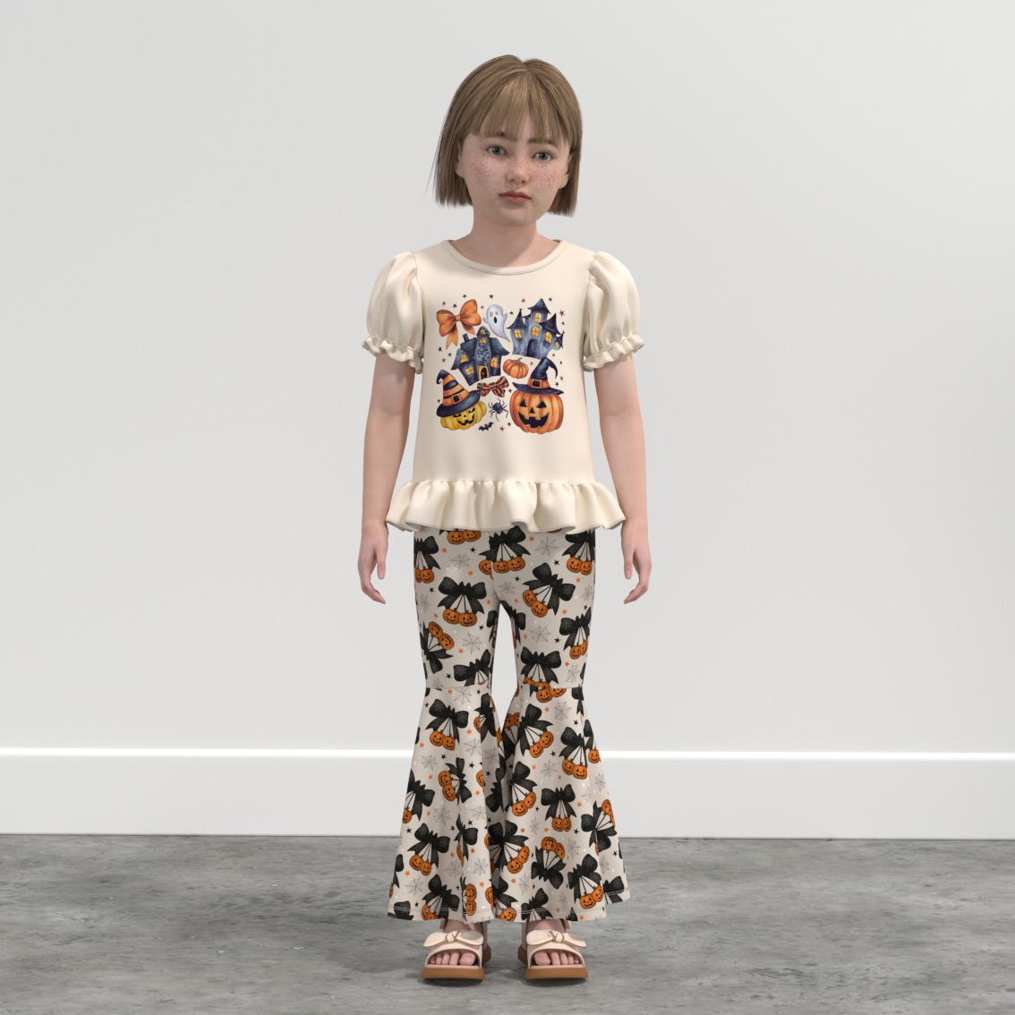 （Pre Order）Girls Halloween Cartoon Print Outfit Set