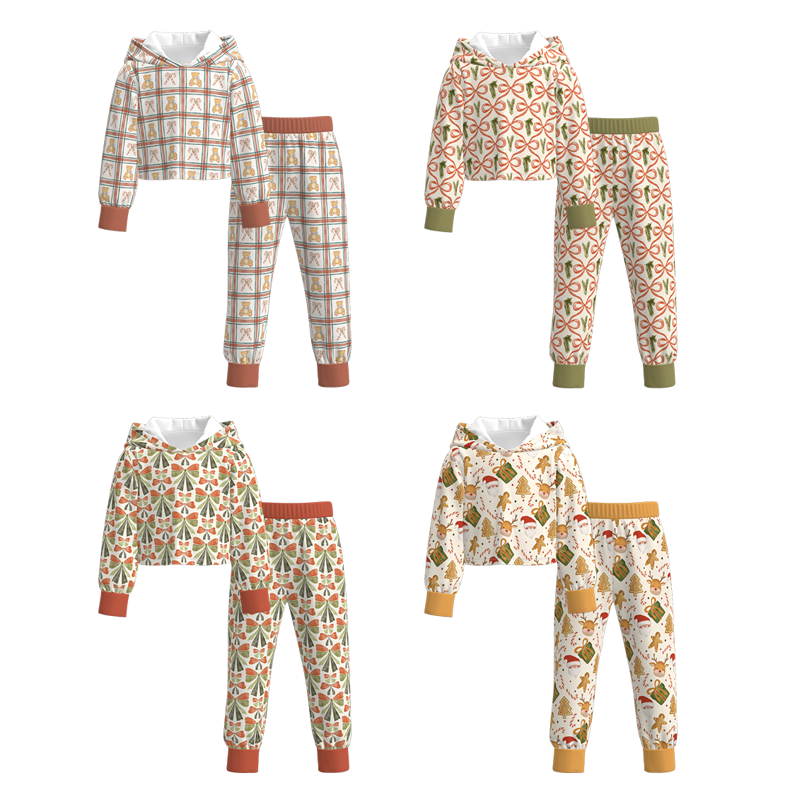 （Pre Order）Girls Christmas Bow Print Hoodie Set