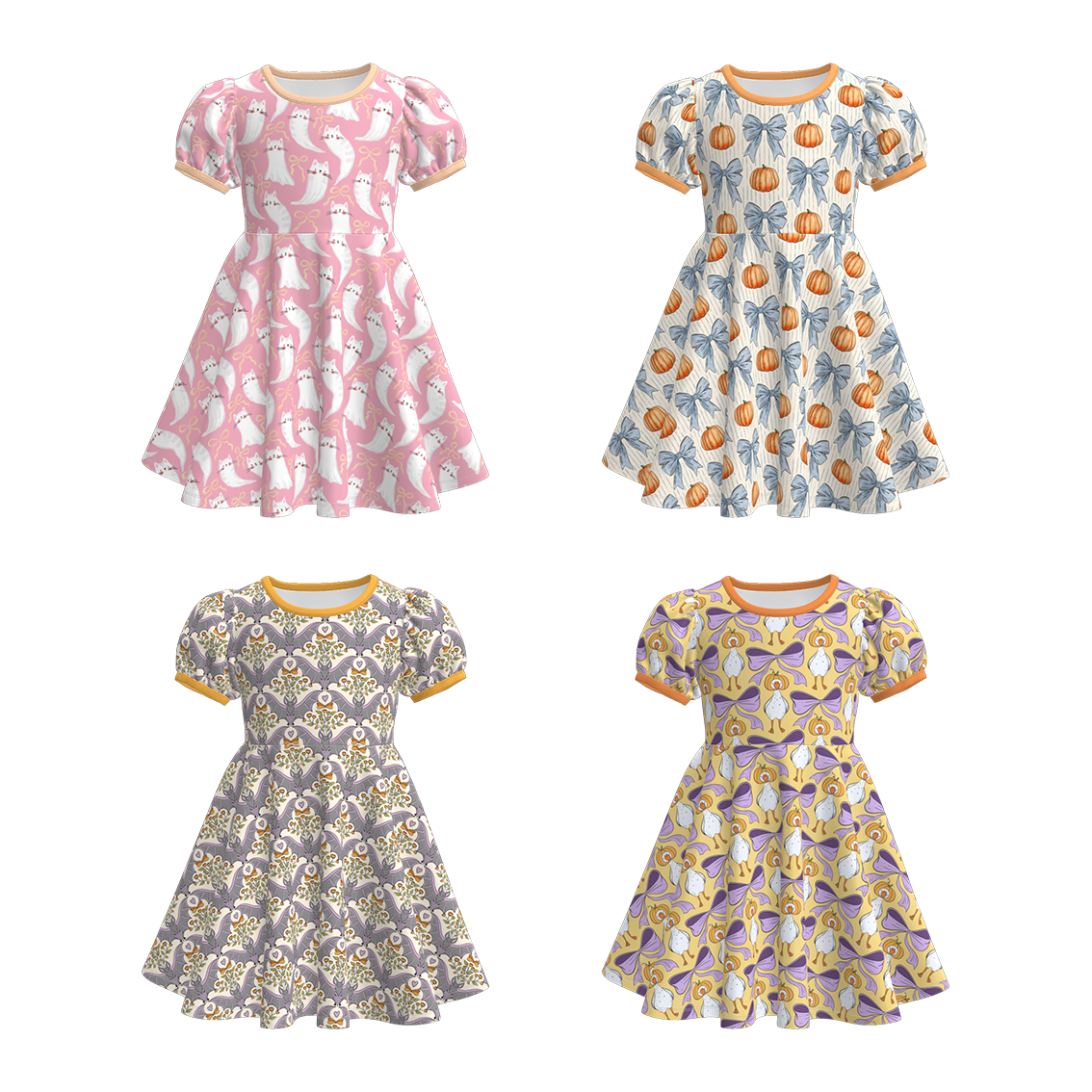 （Pre Order）Girls Fall Bow&Ghost Print Dress