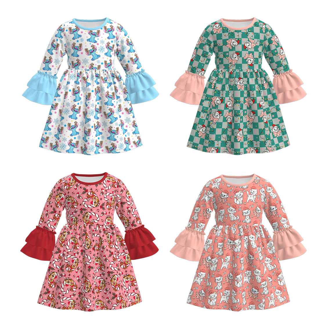 （Pre Order）Girls Christmas Cartoon Print Lace Sleeves Dress